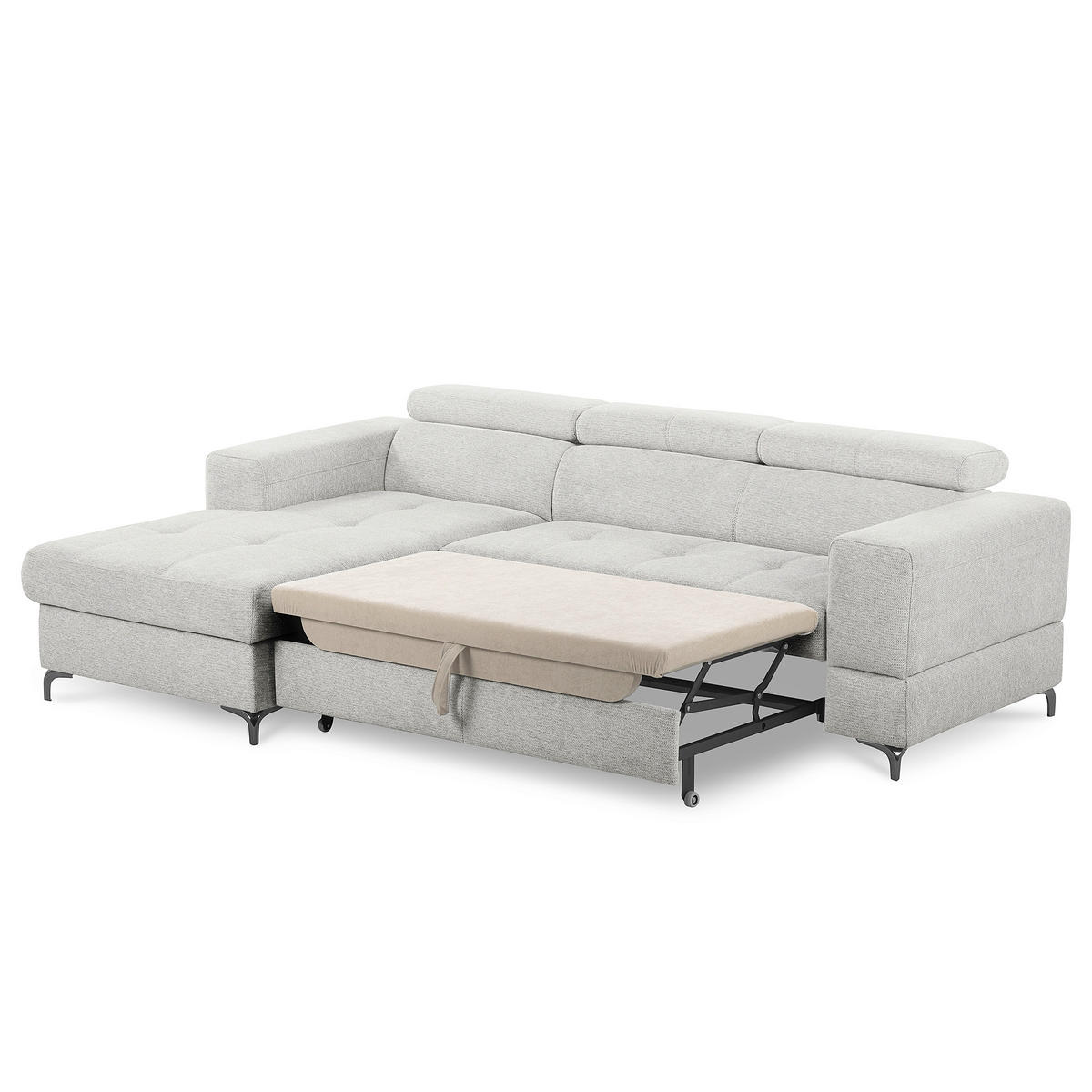 ECKSOFA TORINO Hellgrau Chenille Bettkasten, Kopfteilverstellung  - Schwarzchrom/Hellgrau, Design, Textil/Metall (173/247cm) - Livetastic