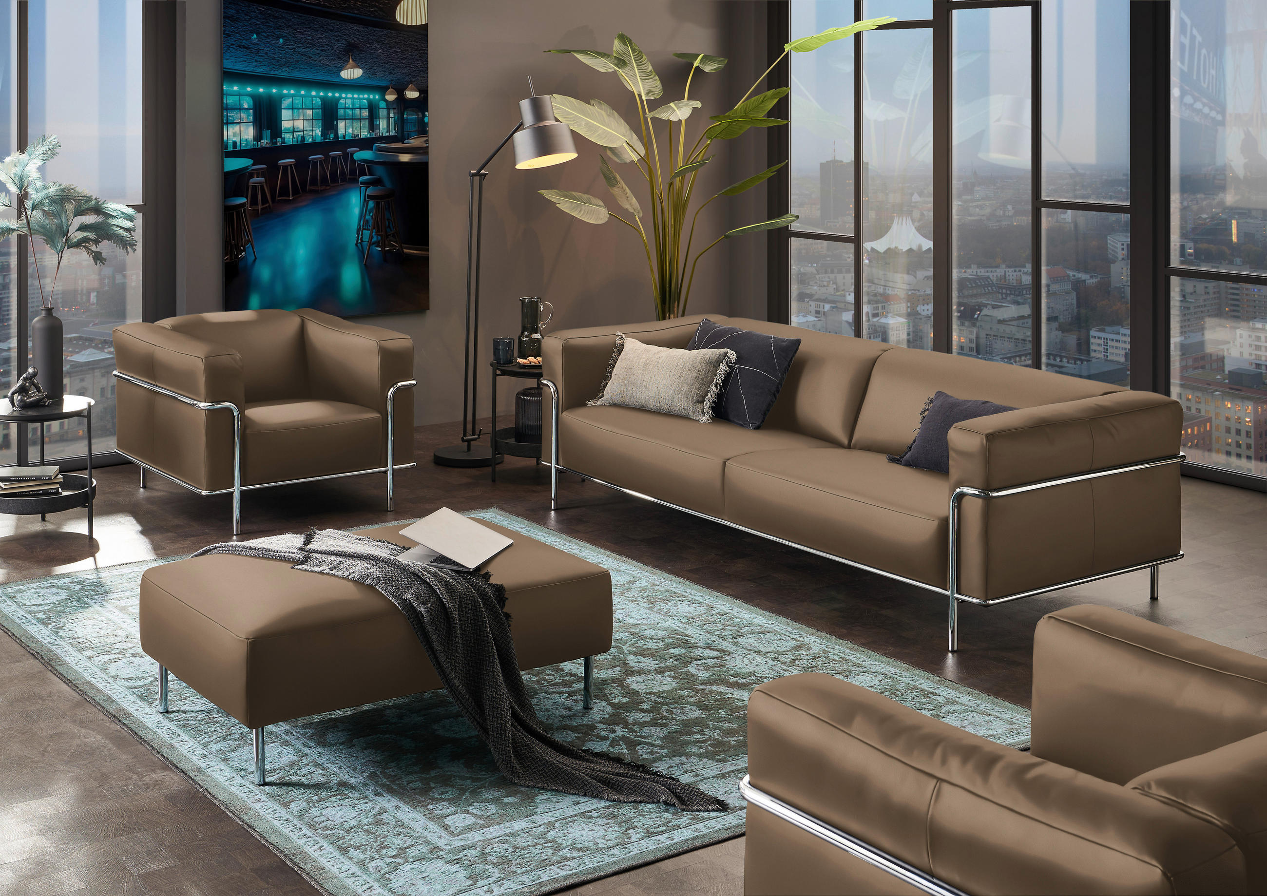 3-SITZER-SOFA in Echtleder Hellbraun  - Chromfarben/Hellbraun, Design, Leder/Metall (236/67/96cm) - Johann Jakob