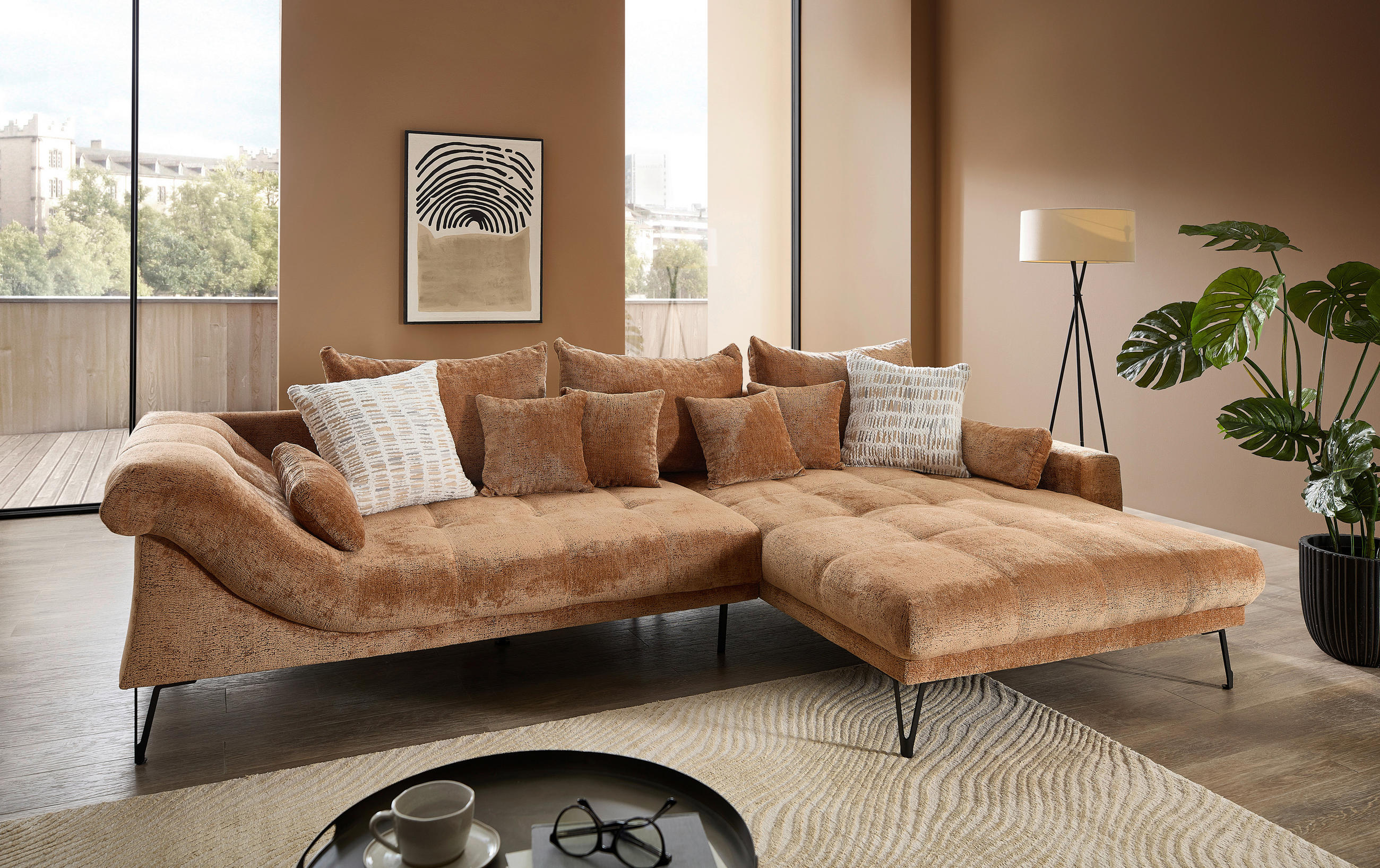 ECKSOFA GARDA Koralle Chenille Zierkissen, Rückenkissen, Nierenkissen, Rücken echt  - Koralle/Schwarz, KONVENTIONELL, Textil/Metall (310/192cm) - Livetastic