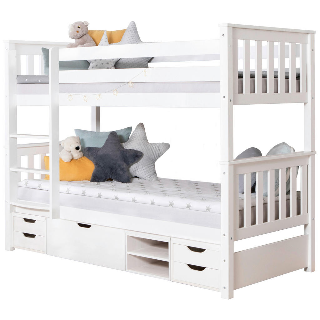Etagenbett Sammy Weiß Kiefer Massiv 90 Cm M. Stauraum