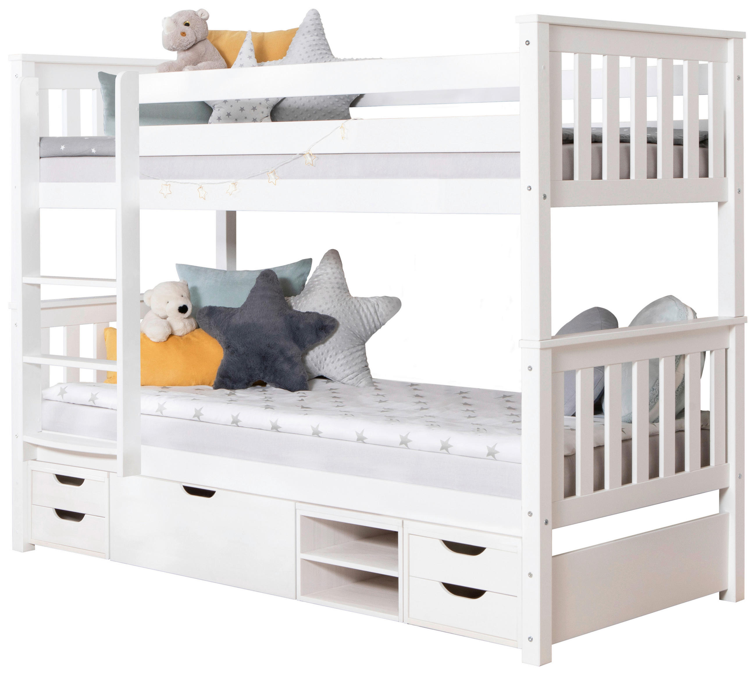 Etagenbett Sammy Weiß Kiefer Massiv 90 cm mit Stauraum