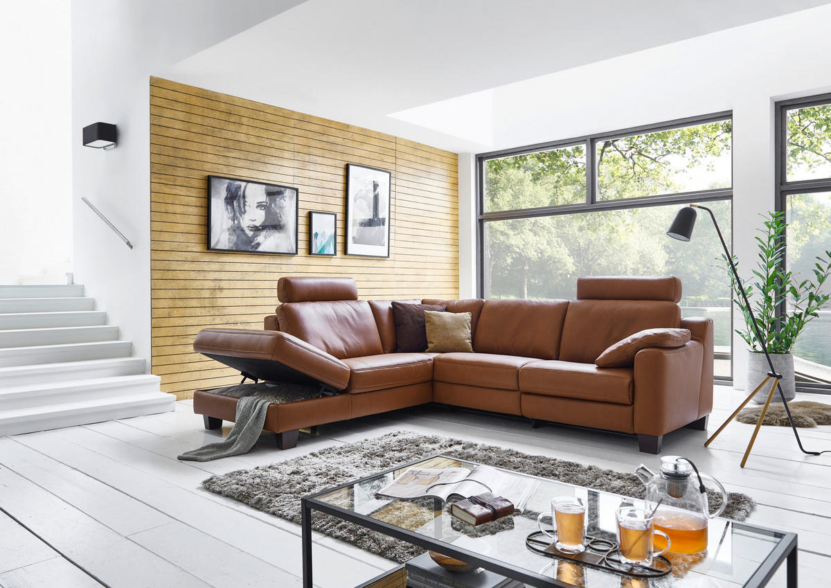 ECKSOFA in Echtleder Braun  - Eichefarben/Braun, Design, Leder/Holz (259/235cm) - Valdera