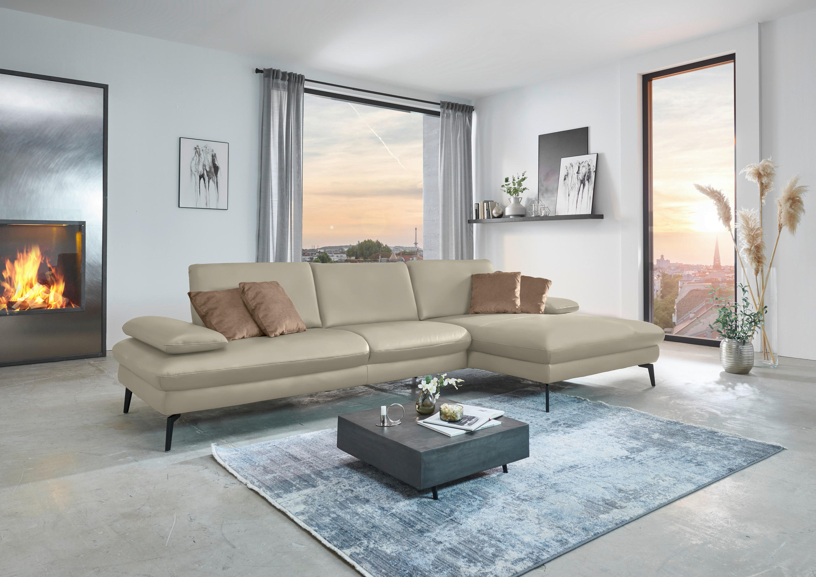 ECKSOFA in Echtleder Ecru  - Ecru/Schwarz, Design, Leder/Metall (325/157cm) - Dieter Knoll