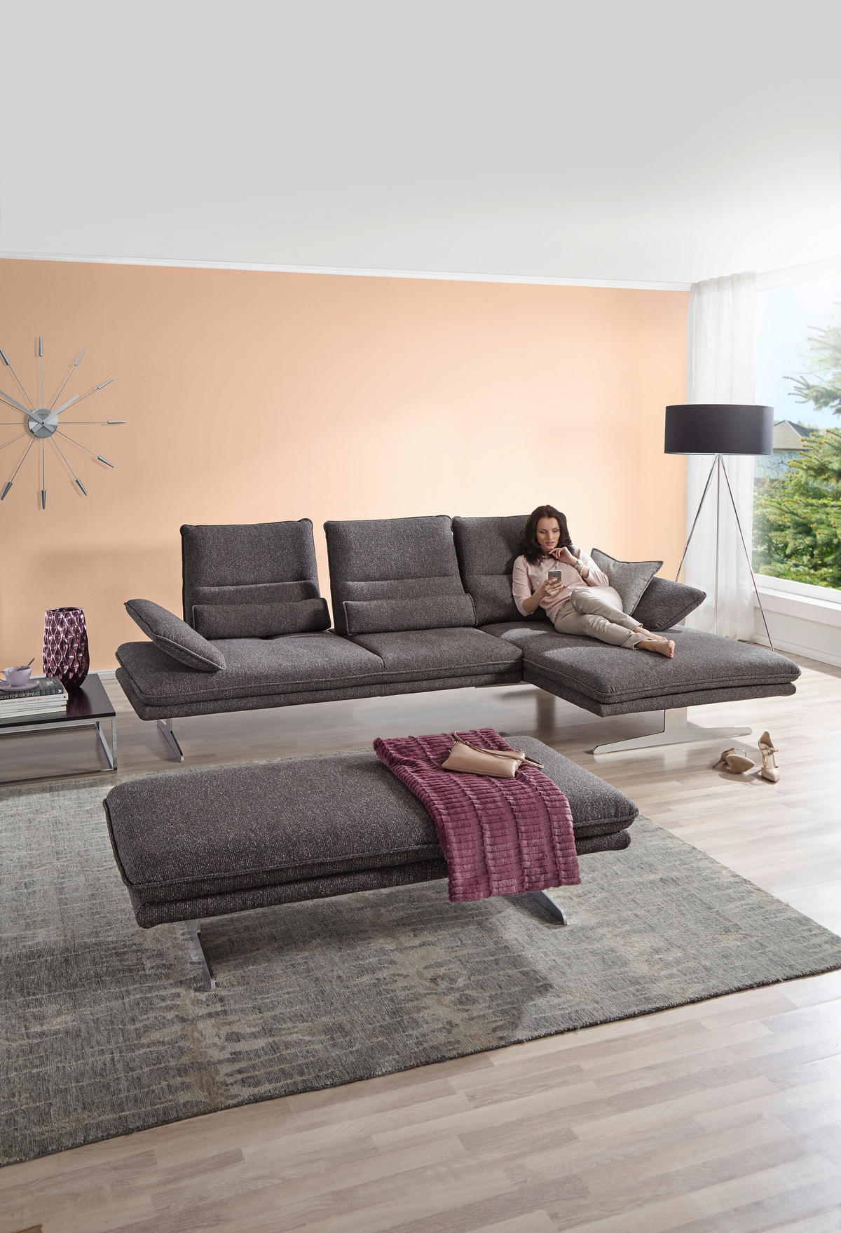 ECKSOFA Webstoff Anthrazit  - Chromfarben/Anthrazit, Design, Textil/Metall (291/164cm) - Chilliano