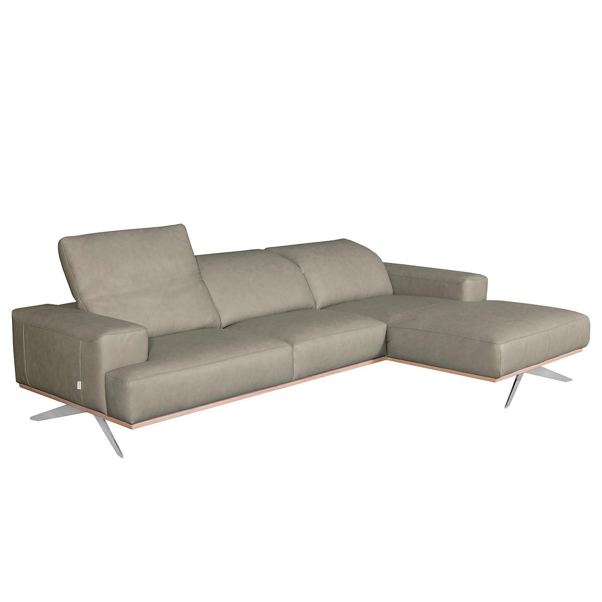 ECKSOFA Grau Echtleder Rücken echt, Kopfteilverstellung  - Chromfarben/Grau, Design, Leder/Metall (295/187cm) - Livetastic