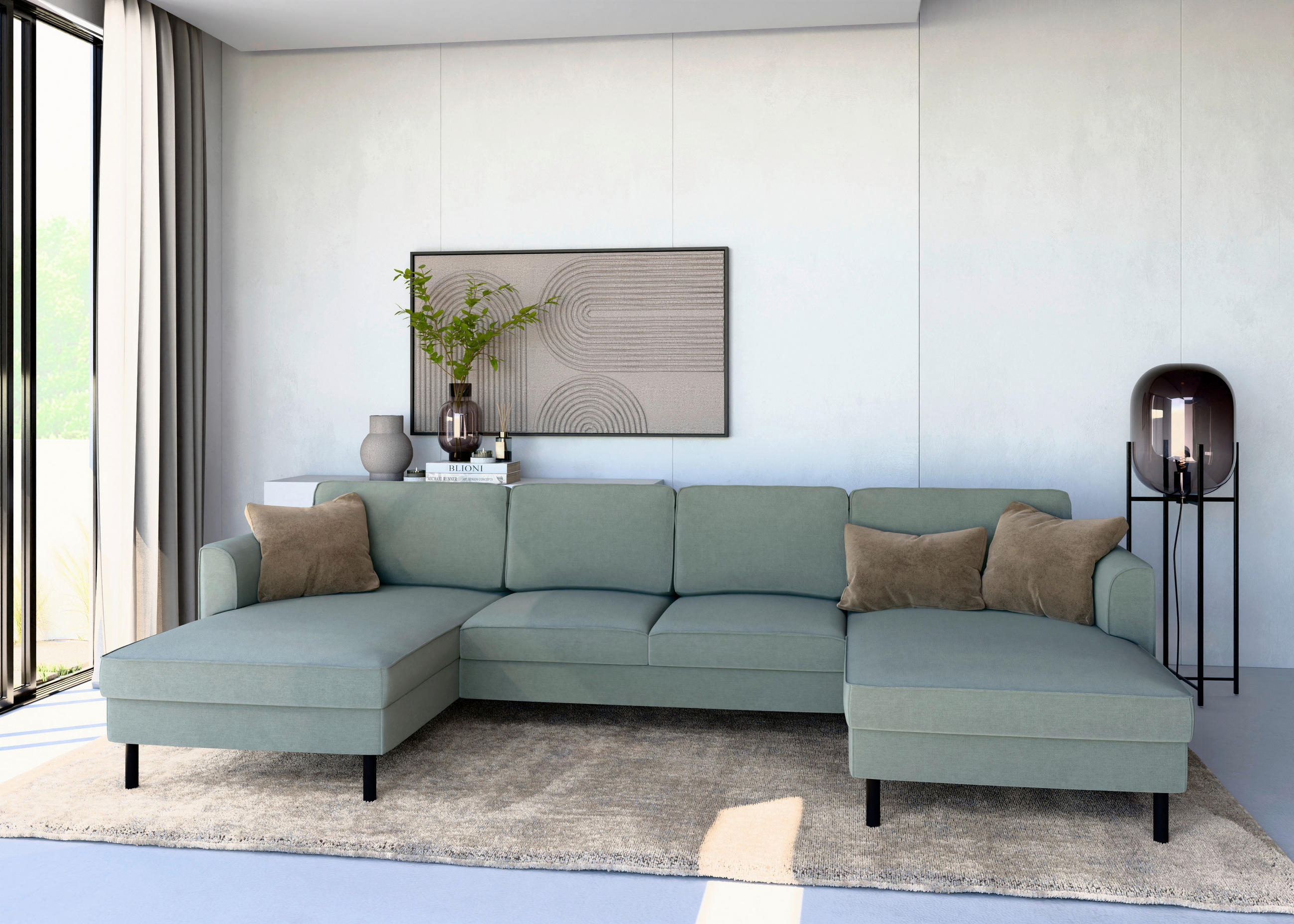 WOHNLANDSCHAFT Grau Struktur  - Schwarz/Grau, MODERN, Textil/Metall (161/306/161cm) - Trendmanufaktur