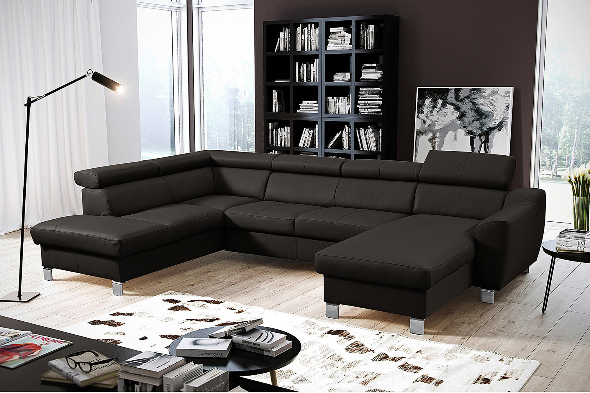 WOHNLANDSCHAFT Dunkelbraun Echtleder Lederlook  - Chromfarben/Dunkelbraun, Design, Leder/Textil (208/315/175cm) - Livetastic