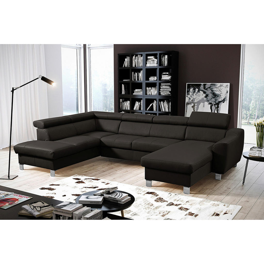 Thumbnail - Livetastic Wohnlandschaft, Dunkelbraun, Textil, Leder, Echtleder, Rindleder, 5-Sitzer, U-Form, 315x208 cm, Made in EU, B...