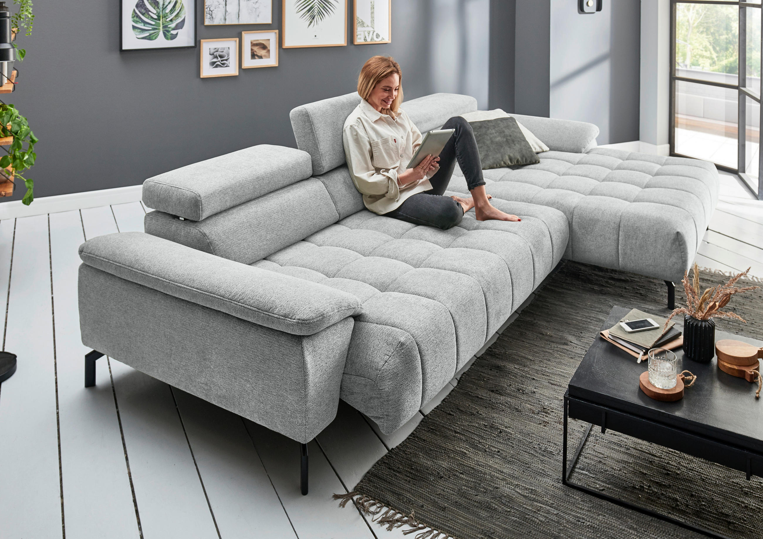Thumbnail - Beldomo Style Ecksofa, Grauweiß, Textil, Uni, 3-Sitzer, Ottomane rechts, L-Form, 329x190 cm, erweiterbar, Fußauswahl, St...