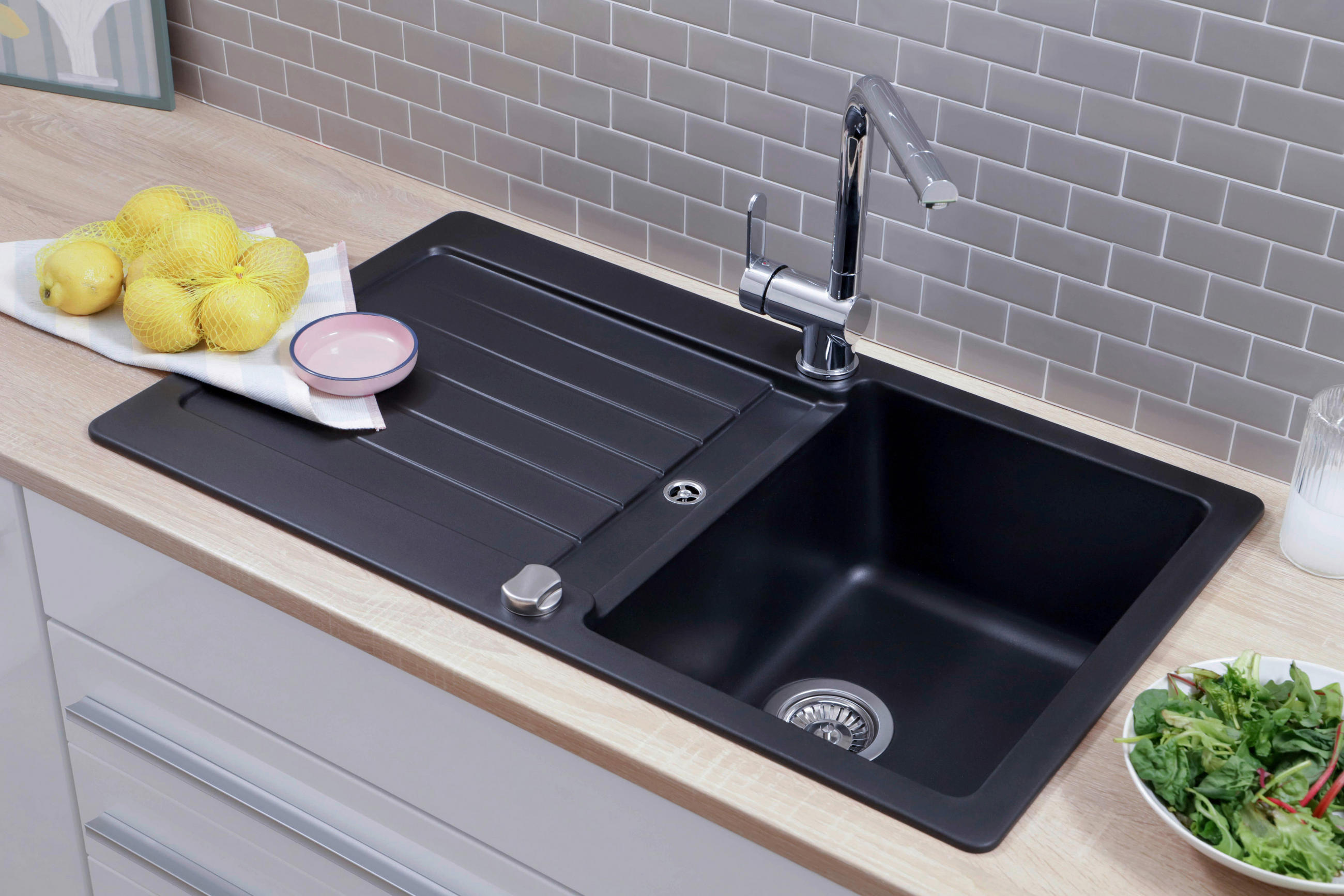 SPÜLE AUSTIN86X50S  - Schwarz, Design, Stein (86/21/50cm) - Respekta