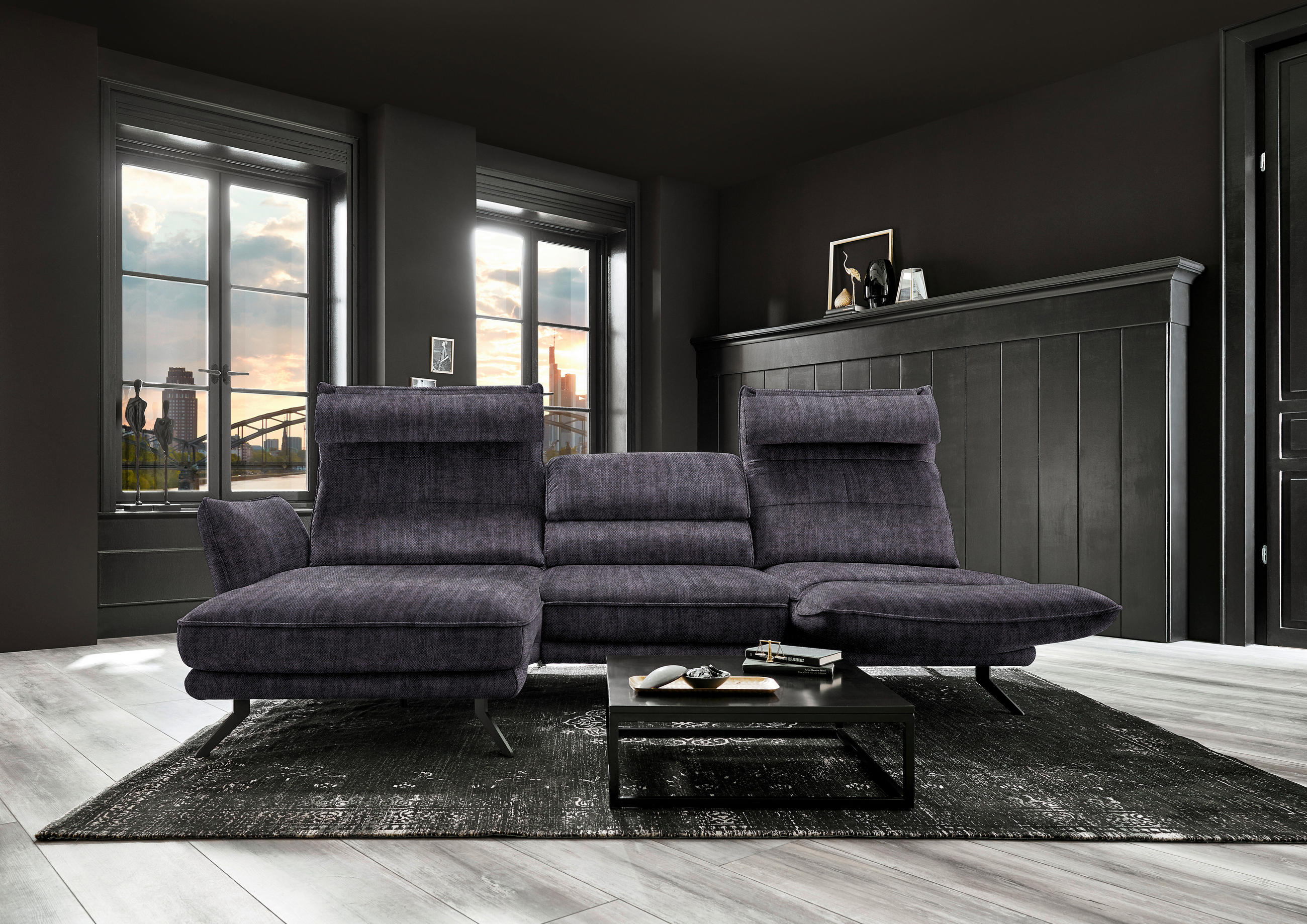 ECKSOFA in Velours Anthrazit  - Anthrazit/Schwarz, Design, Textil/Metall (153/283cm) - Valdera