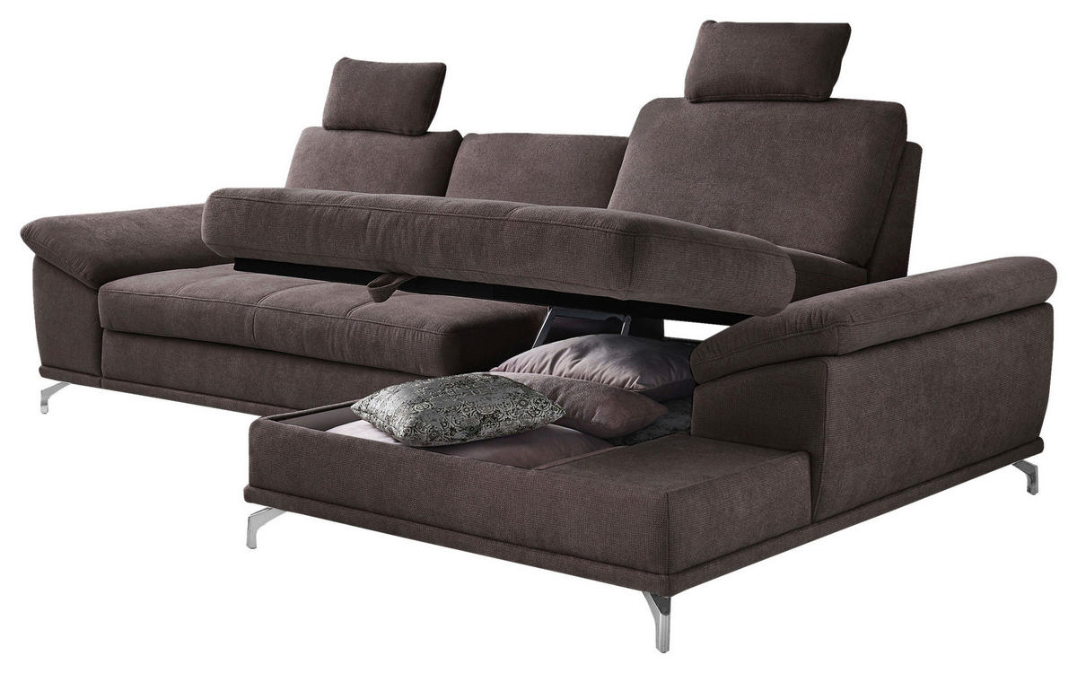 ECKSOFA Dunkelbraun Flachgewebe Bettkasten, Schlaffunktion, Sitztiefenverstellung, Kopfstütze, Liegefläche im Originalstoff  - Dunkelbraun/Silberfarben, KONVENTIONELL, Textil/Metall (301/176cm) - Sit & More