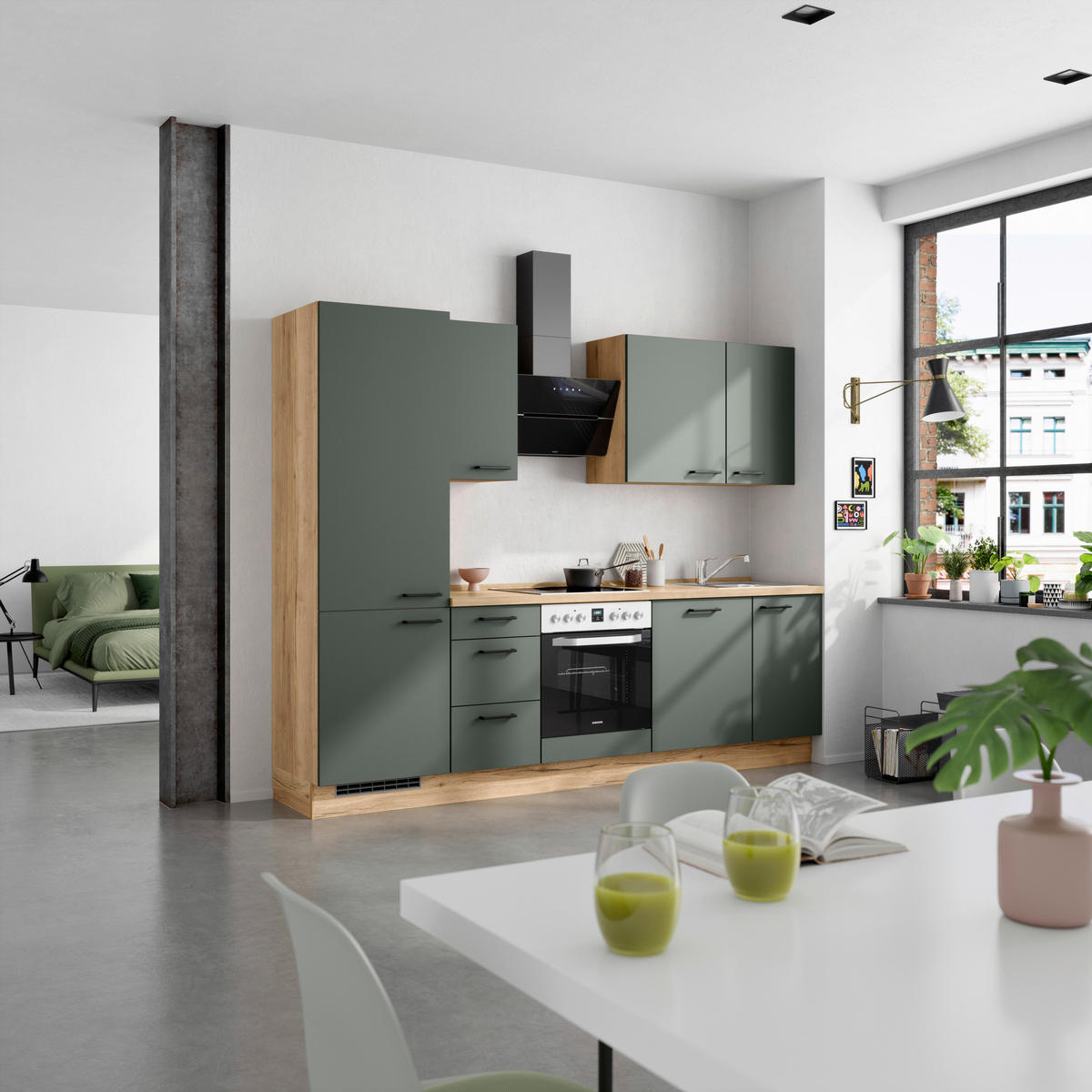 KÜCHENBLOCK Easytouch 270 cm  in Eichefarben, Dunkelgrün  - Dunkelgrün/Eichefarben, MODERN, Holzwerkstoff/Metall (270cm) - Nobilia
