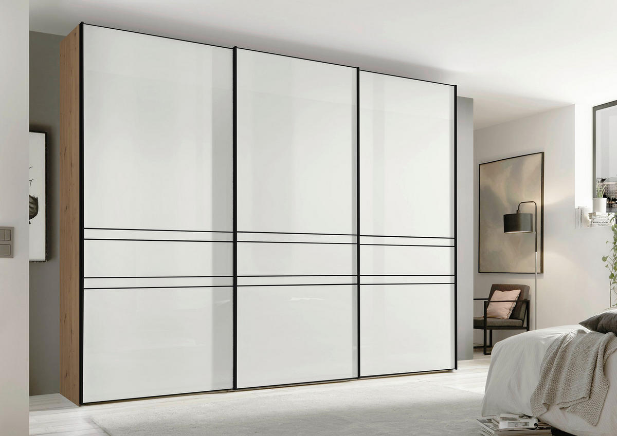SCHWEBETÜRENSCHRANK 298/222/68 cm 3-türig Weiß, Eiche Artisan  - Graphitfarben/Eiche Artisan, Design, Glas/Holzwerkstoff (298/222/68cm) - Moderano