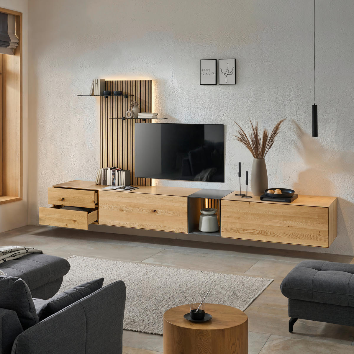 WOHNWAND  in Anthrazit, Eichefarben  342/204/50 cm LED-Leuchtmittel   - Eichefarben/Anthrazit, Design, Glas/Holz (342/204/50cm) - Dieter Knoll