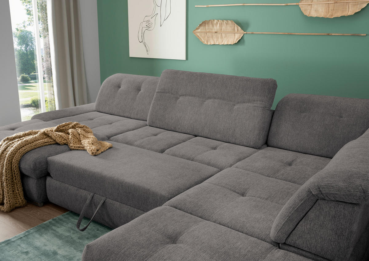 WOHNLANDSCHAFT in Chenille Braun, Grau  - Chromfarben/Braun, Design, Textil/Metall (195/376/254cm) - Livetastic