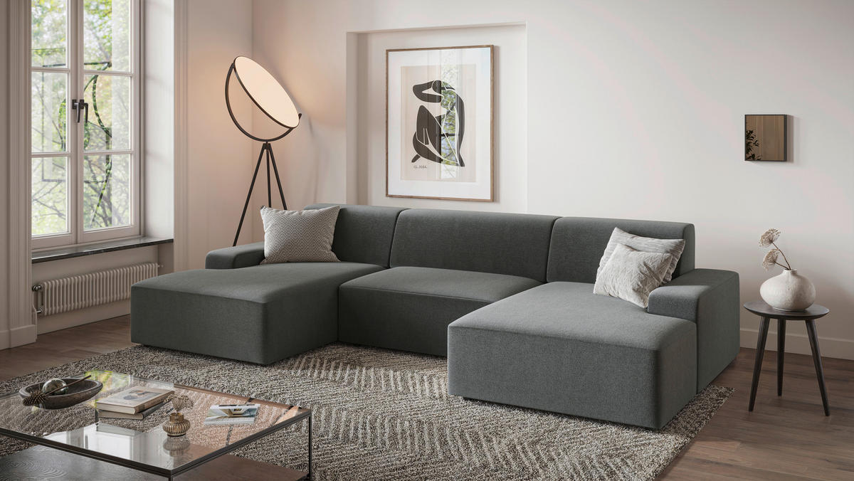 WOHNLANDSCHAFT in Struktur Anthrazit  - Anthrazit/Schwarz, Modern, Kunststoff/Textil (162/329/162cm) - Trendmanufaktur