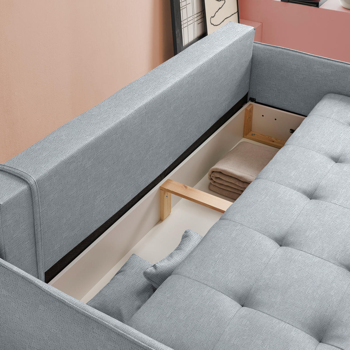 SCHLAFSOFA  in Chenille Hellgrau  - Buchefarben/Hellgrau, Design, Holz/Textil (217/97/101cm) - Carryhome