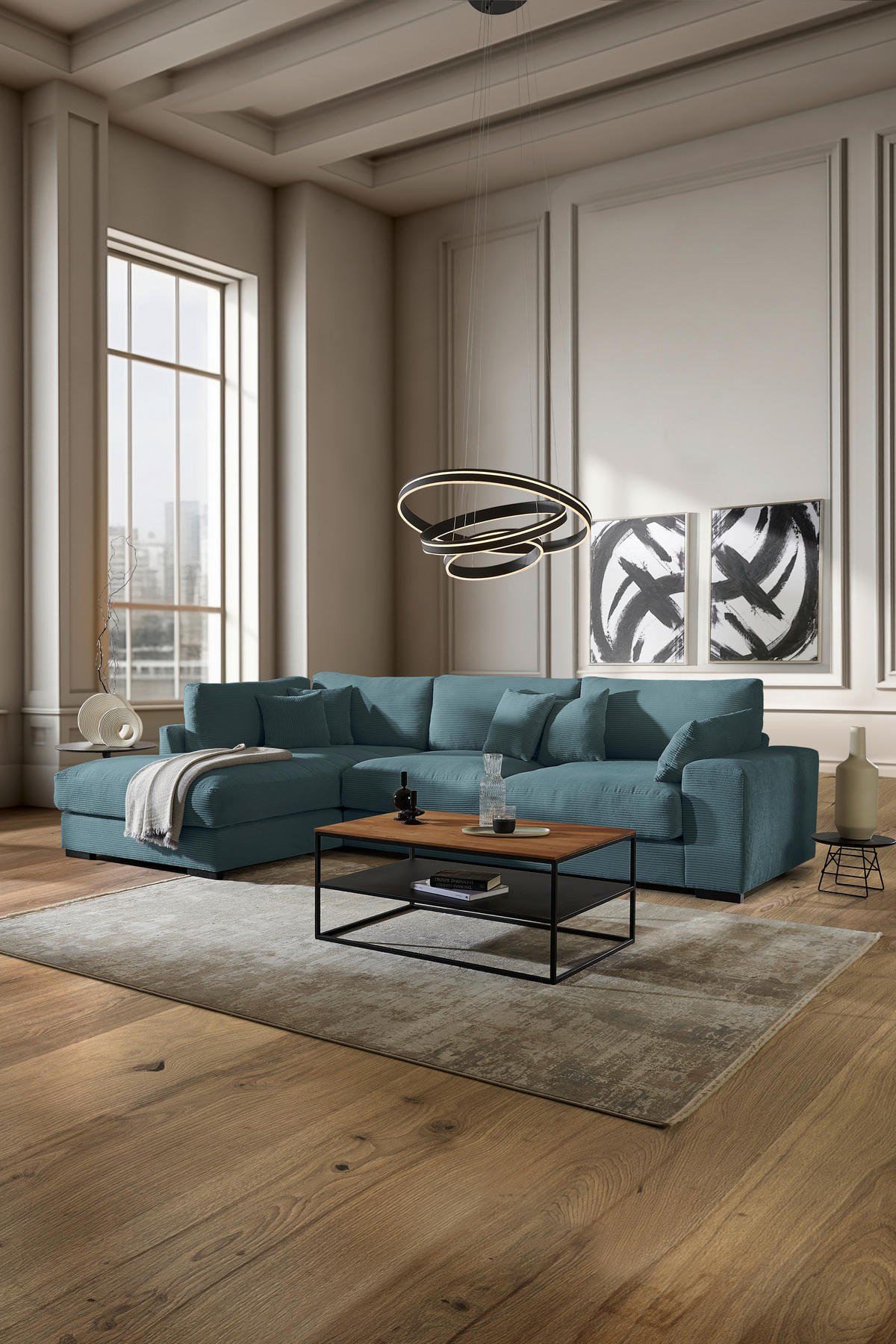 ECKSOFA in Cord Hellblau  - Schwarz/Hellblau, Design, Kunststoff/Textil (205/340cm) - Lomoco
