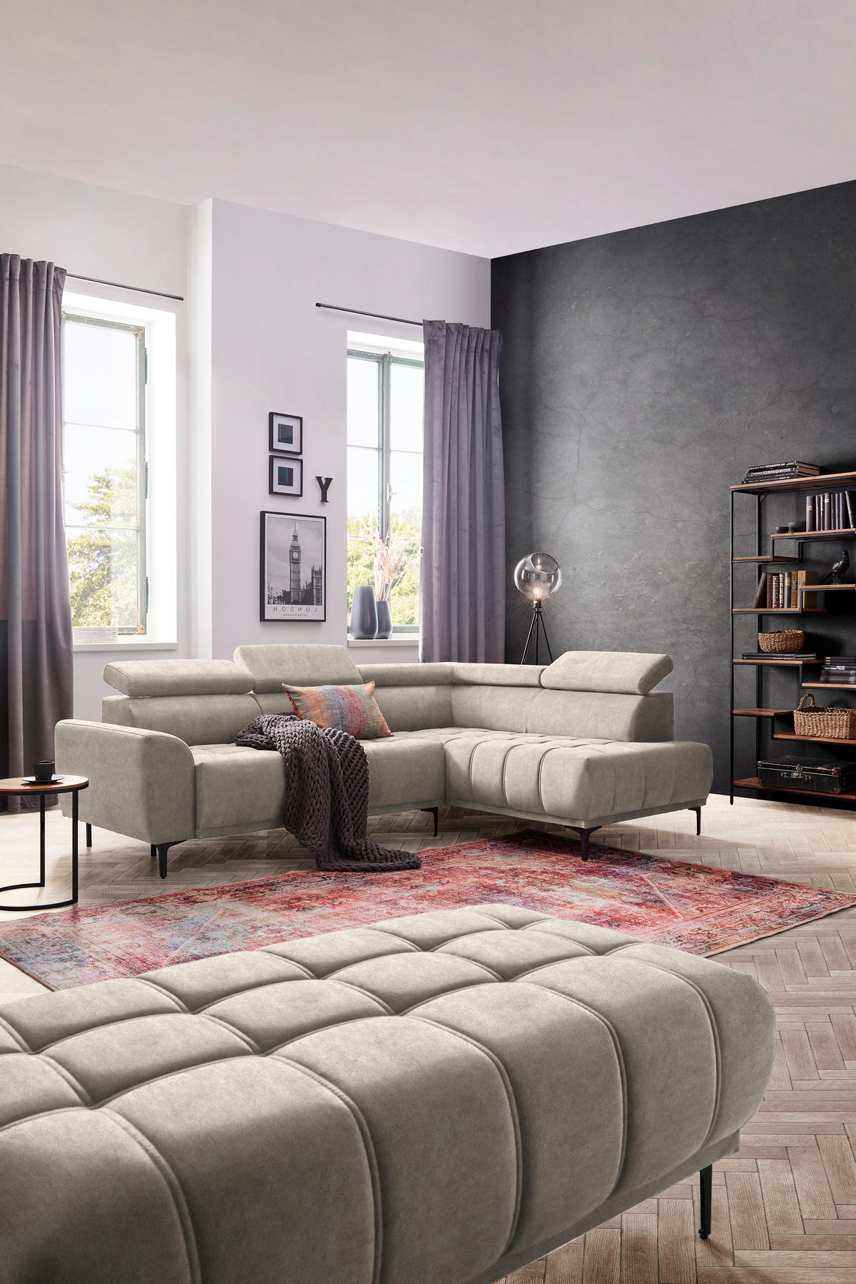 ECKSOFA in Velours Beige  - Beige/Schwarz, Design, Textil/Metall (261/191cm) - Stylife