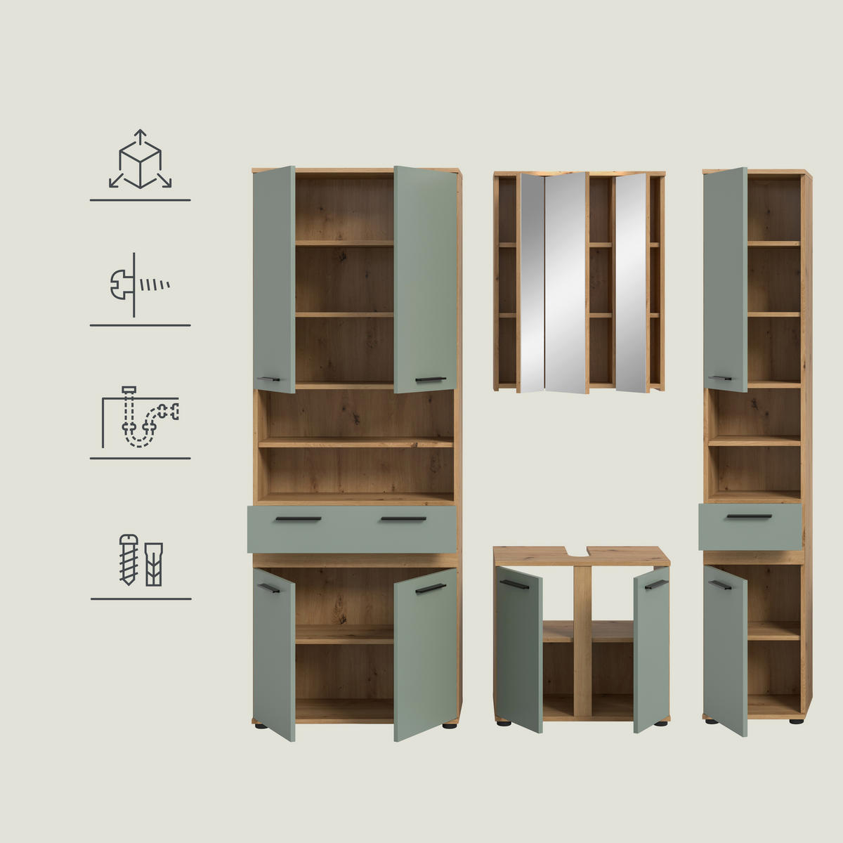 BADEZIMMER 4-teilig  in 195 cm  - Salbeigrün/Schwarz, Trend, Glas/Holzwerkstoff (195cm) - MID.YOU
