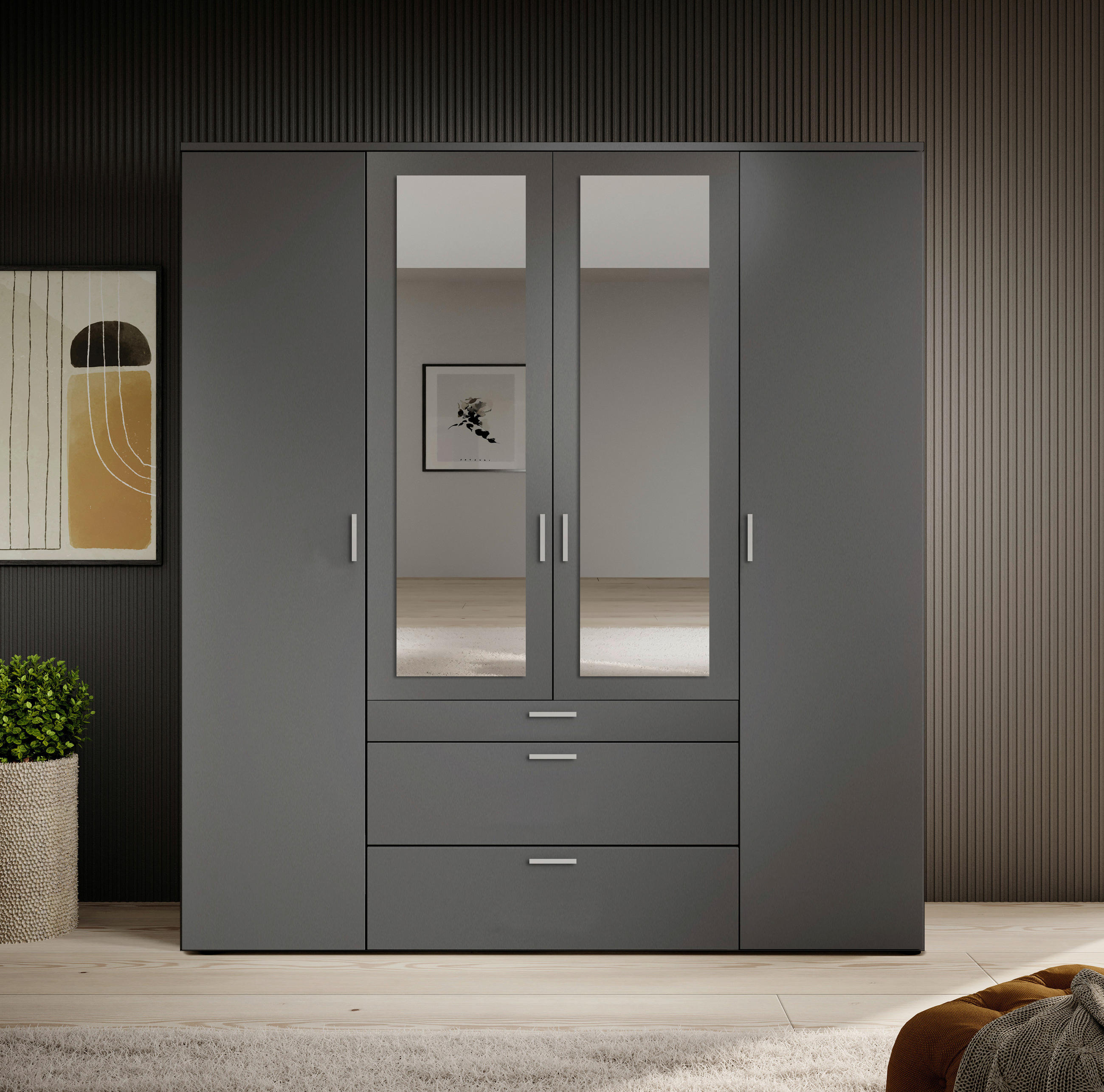 DREHTÜRENSCHRANK 180/195/56 cm 4-türig Graphitfarben  - Graphitfarben/Alufarben, MODERN, Glas/Holzwerkstoff (180/195/56cm) - Livetastic