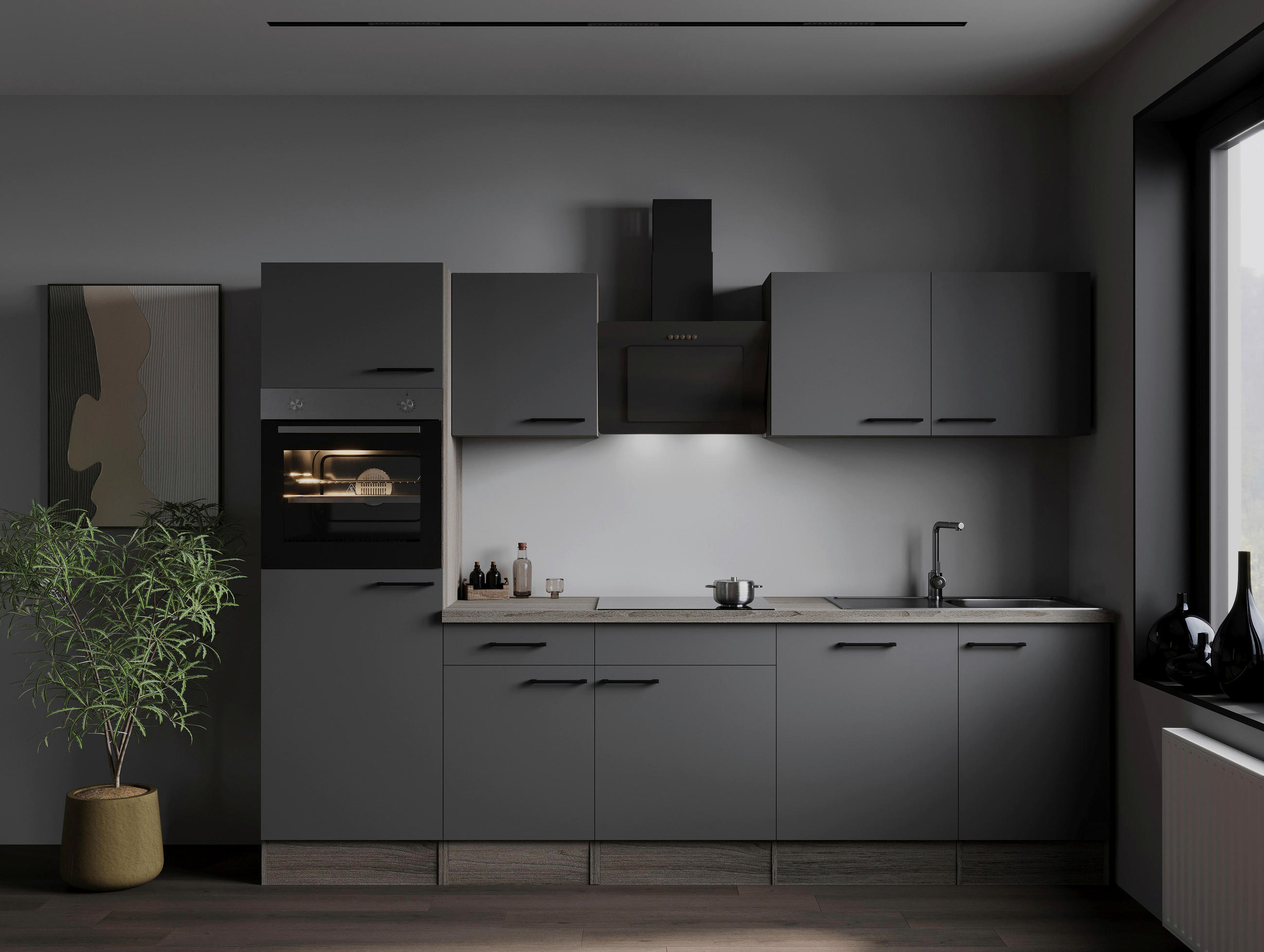 KÜCHENBLOCK 280 cm   in Grau, Eichefarben  - Eichefarben/Schwarz, Design, Holzwerkstoff/Metall (280cm) - Respekta