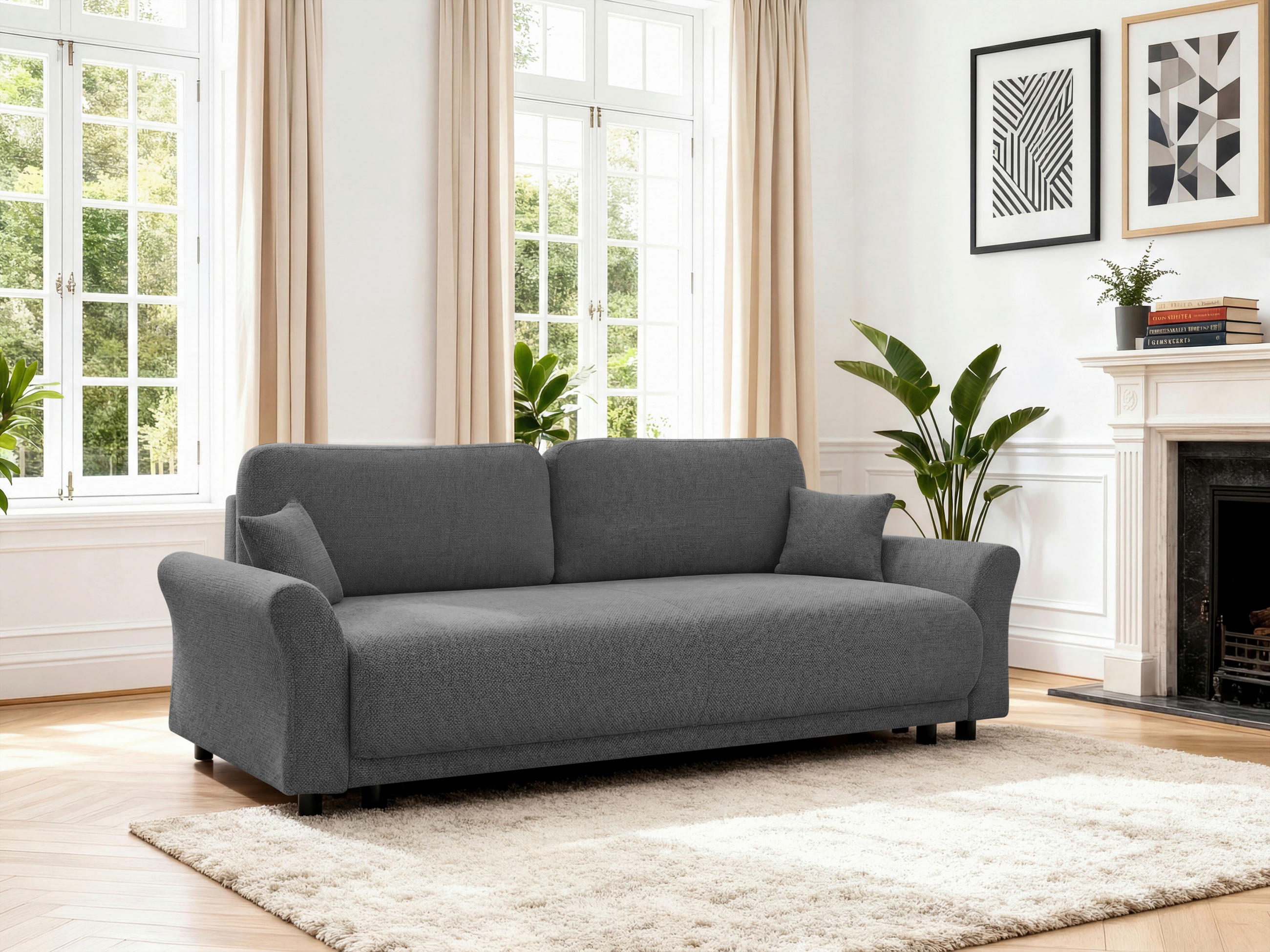 SCHLAFSOFA Flachgewebe, Struktur Grau  inkl. Zierkissen, Rückenkissen, Bettkasten, Schlaffunktion, Rücken echt  - Schwarz/Grau, Design, Textil (244/88/100cm) - P & B