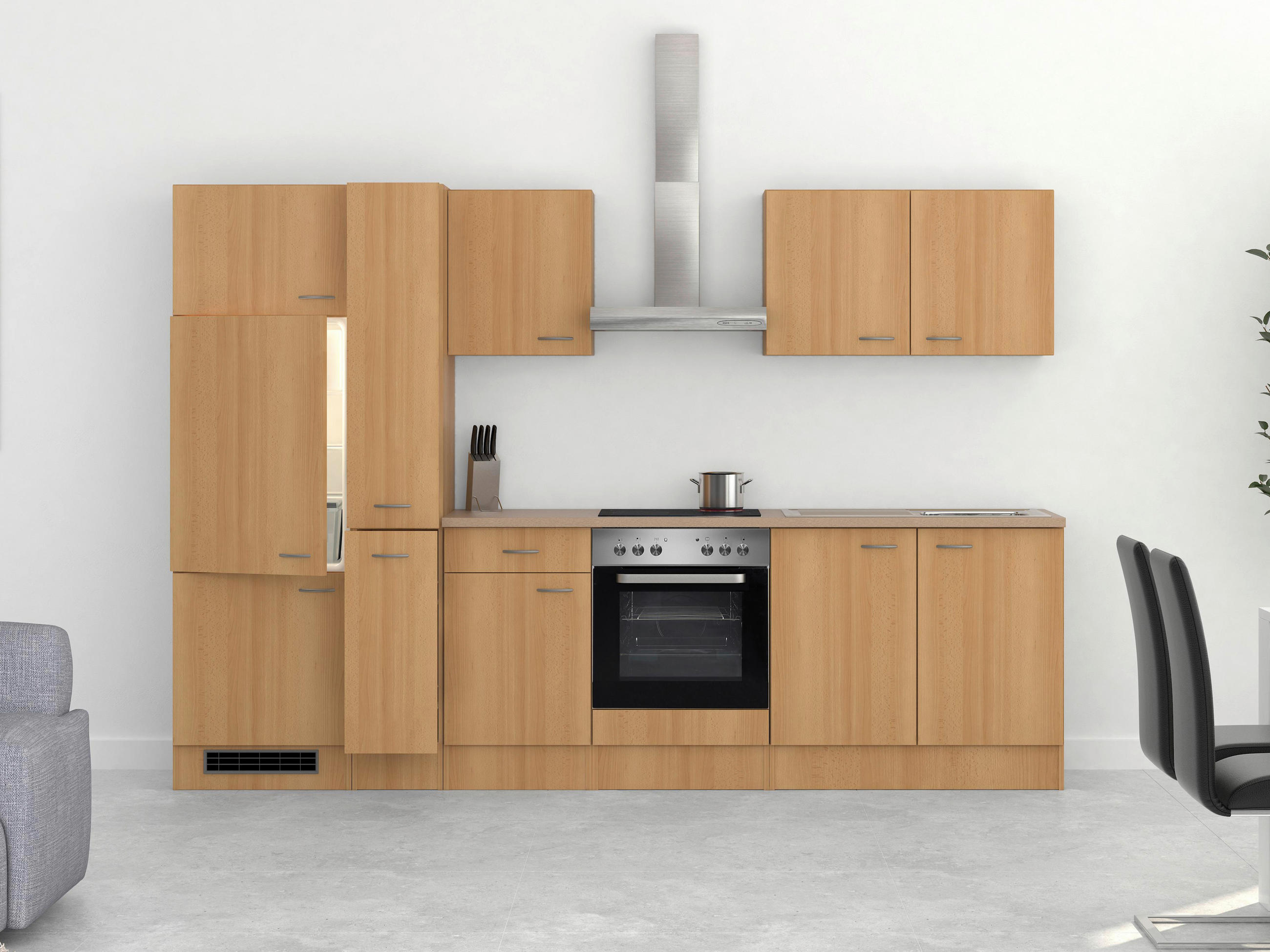 KÜCHENBLOCK 300 cm in Creme, Buchefarben, Edelstahlfarben - Edelstahlfarben/Buchefarben, MODERN (300cm) - MID.YOU