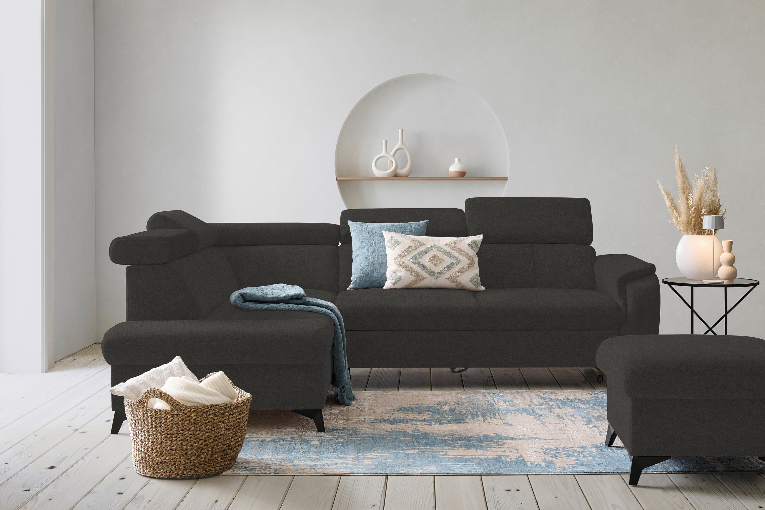 ECKSOFA in Mikrofaser Dunkelgrau  - Dunkelgrau/Schwarz, Design, Textil/Metall (203/260cm) - Stylife