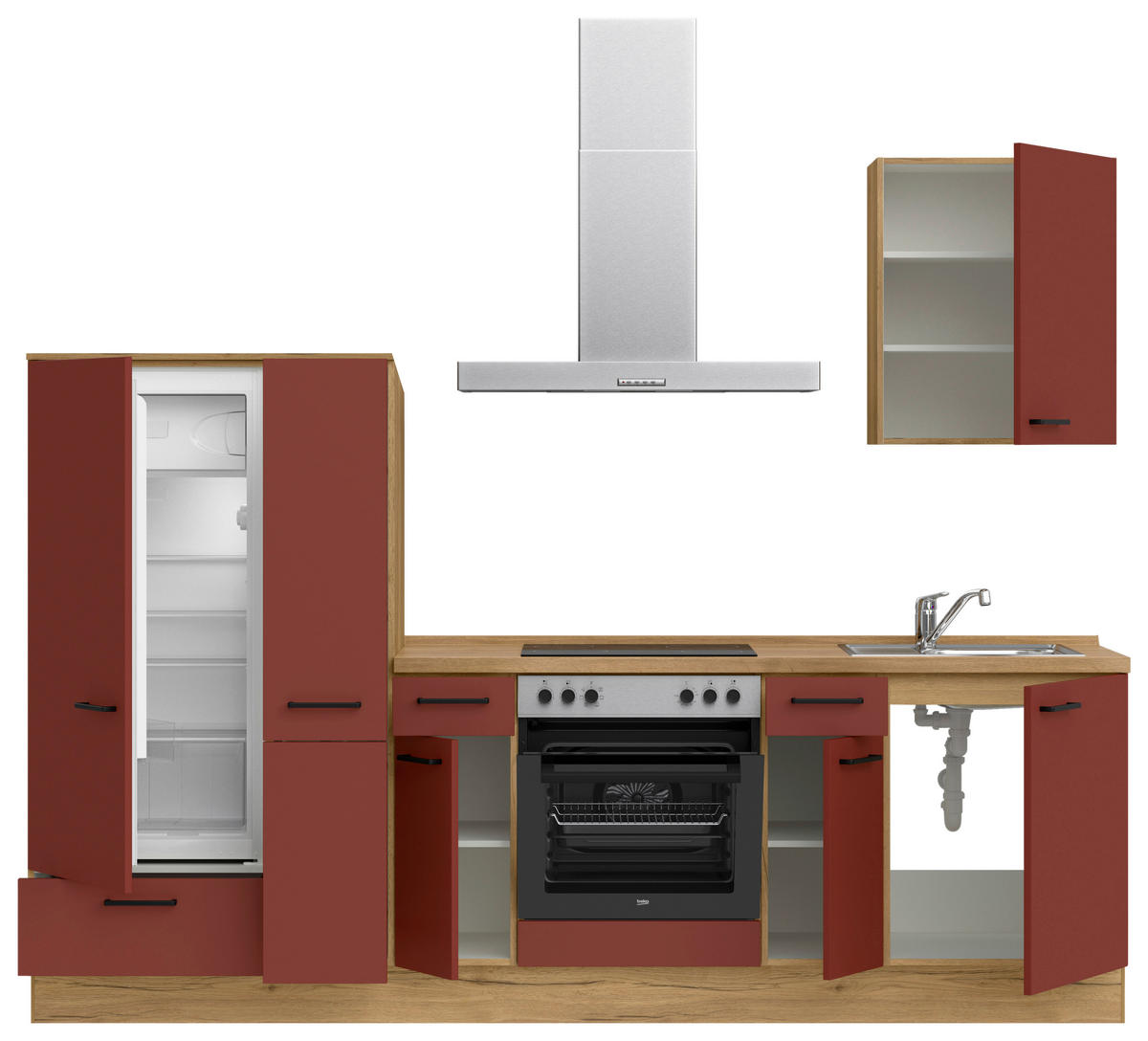 KÜCHENLEERBLOCK 270 cm   in Rot, Eichefarben  - Eichefarben/Rot, MODERN, Holzwerkstoff/Metall (270cm) - Nobilia