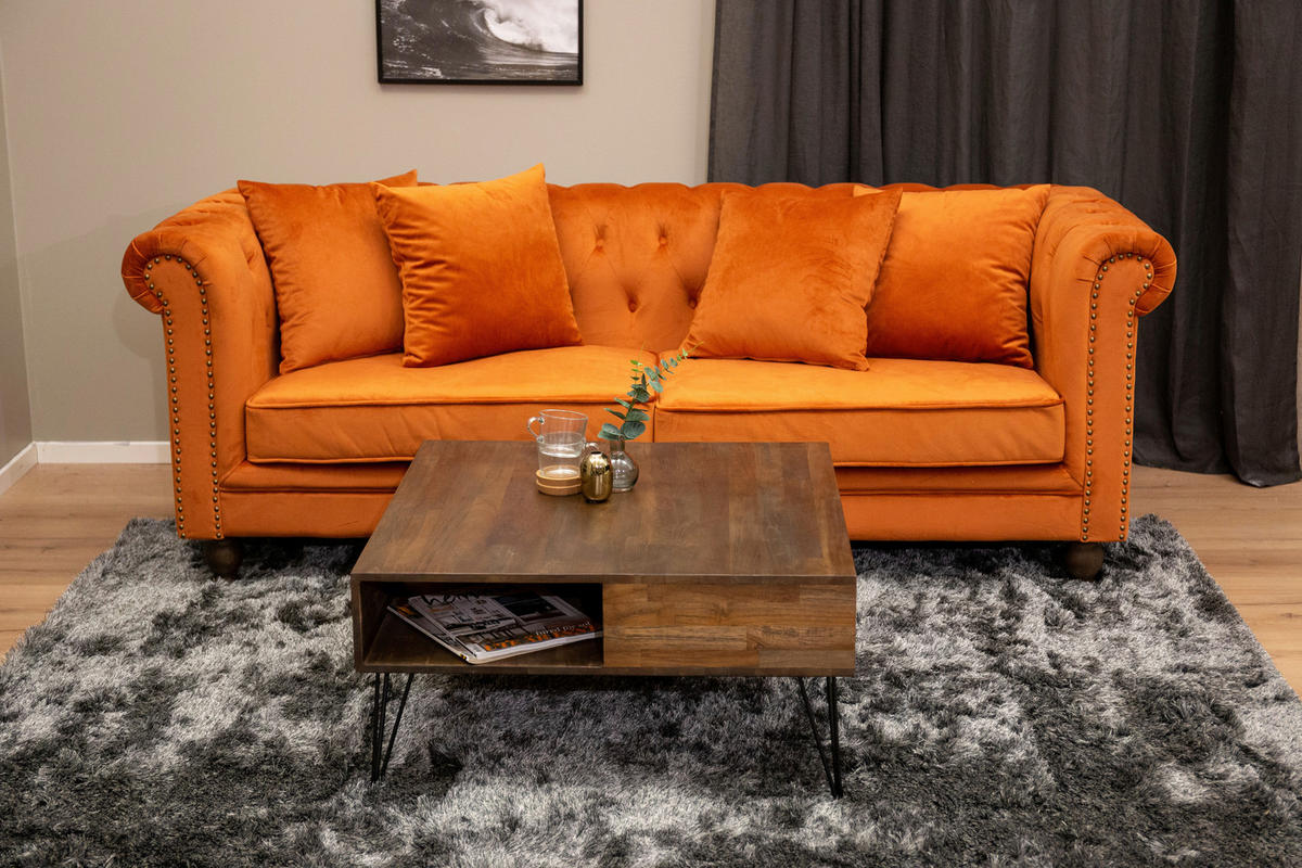 CHESTERFIELDSOFFA i sammet mörk orange  - mörk orange, Design, trä/textil (217/80/88cm) - Livetastic