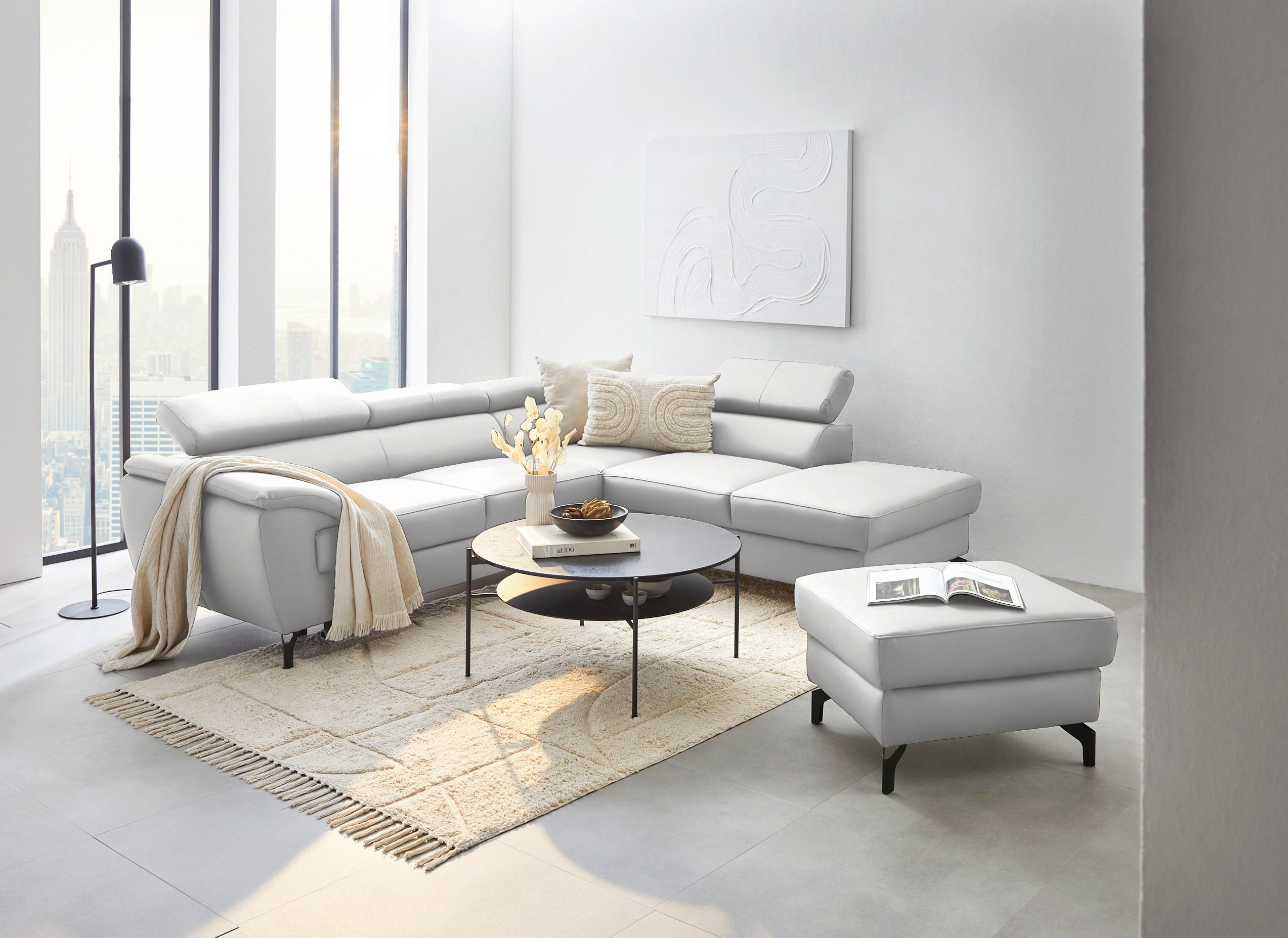 ECKSOFA in Echtleder Weiss  - Weiss/Schwarz, Design, Leder/Metall (256/220cm) - Celina Home