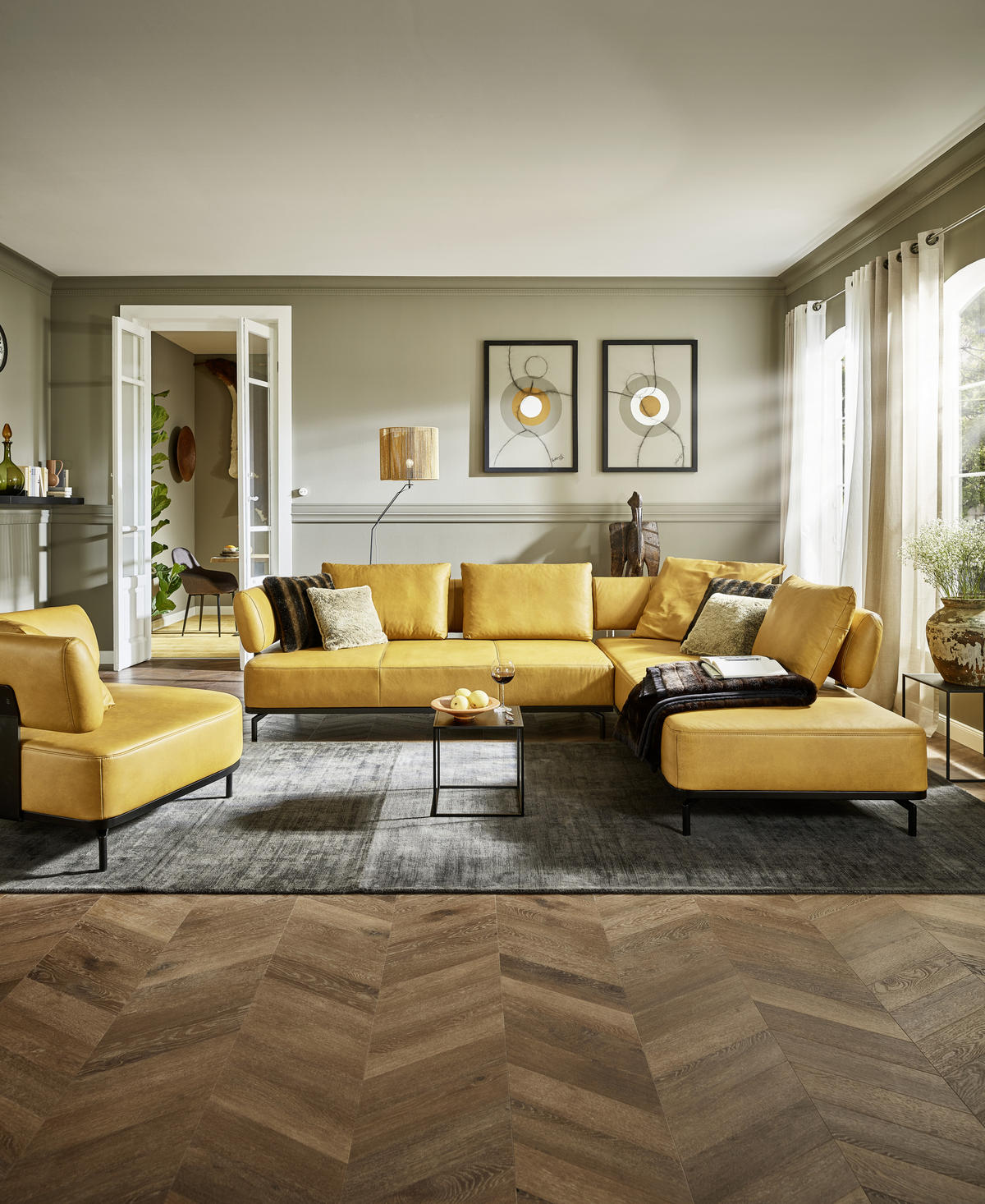 ECKSOFA in Echtleder Dunkelgelb  - Dunkelgelb/Schwarz, Design, Leder/Metall (302/237cm) - Dieter Knoll
