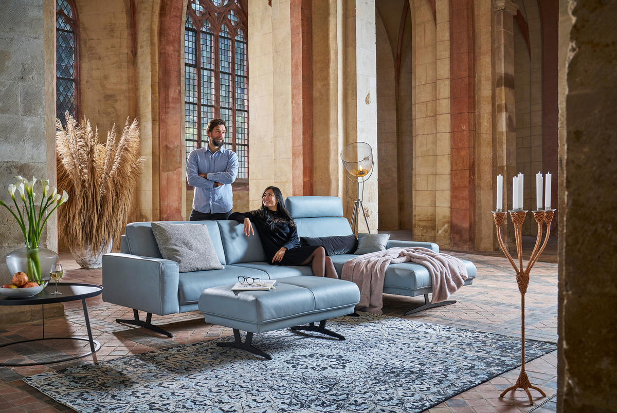 ECKSOFA in Echtleder Hellblau  - Anthrazit/Hellblau, Konventionell, Leder/Metall (324/179cm) - Johann Jakob