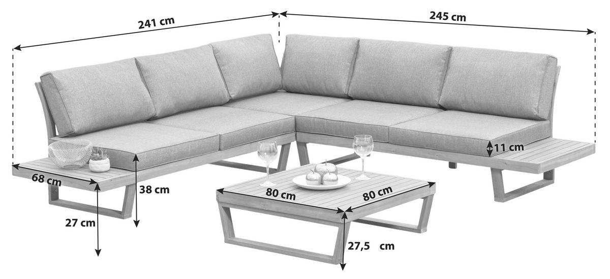 LOUNGEGARNITUR 241/245 cm Akazie massiv  - Naturfarben/Grau, MODERN, Holz/Textil (241/245cm) - Gardenson