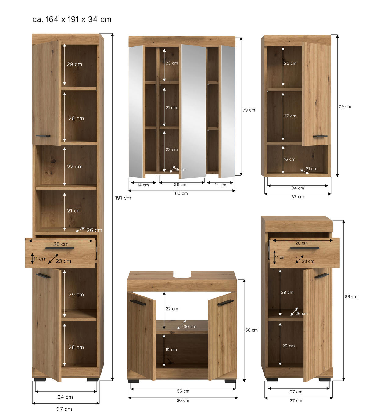BADEZIMMER 5-teilig  in 134 cm  - Schwarz/Eiche Artisan, Trend, Glas/Holzwerkstoff (134cm) - MID.YOU