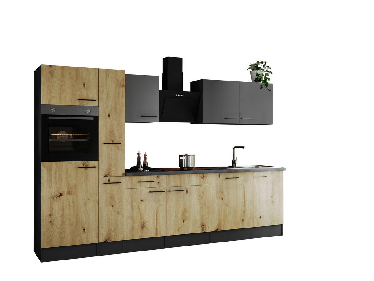 KÜCHENBLOCK 310 cm   in Grau, Eiche Artisan  - Schwarz/Eiche Artisan, Design, Holzwerkstoff/Metall (310cm) - Respekta