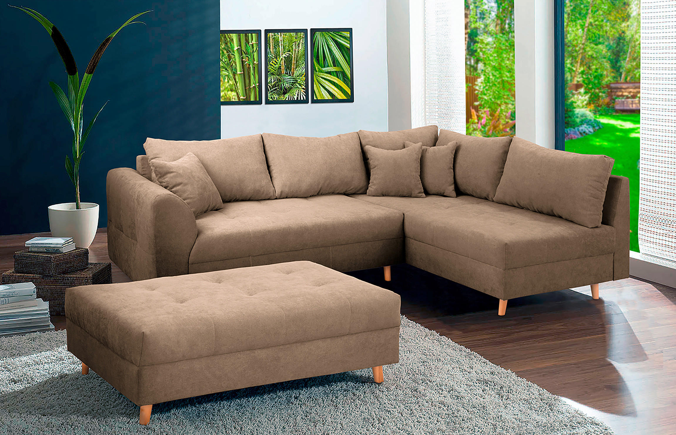 ECKSOFA inkl. Hocker Ariella Beige Mikrofaser  - Beige/Naturfarben, Design, Holz/Textil (161/231cm) - Livetastic