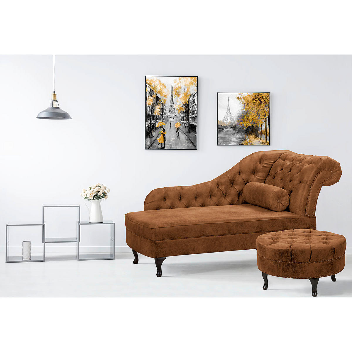 RÉCAMIERE Lederlook Cognac  - Cognac/Braun, Design, Holz/Textil (185/93/75cm) - Livetastic