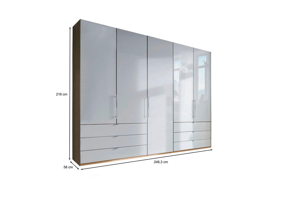 FALTTÜRENSCHRANK 250/216/58 cm 3-türig Weiß, Eichefarben  - Chromfarben/Eichefarben, KONVENTIONELL, Glas/Holzwerkstoff (250/216/58cm) - Venda