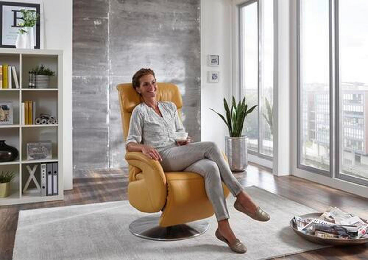 RELAXSESSEL Echtleder Relaxfunktion    - Chromfarben/Currygelb, Design, Leder/Metall (70/112/80cm) - Cantus