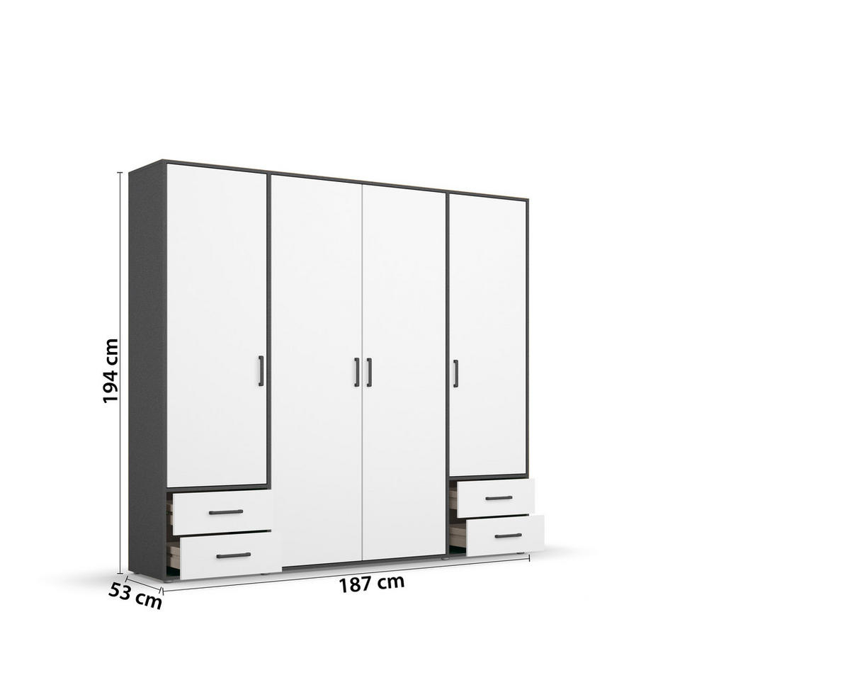 DREHTÜRENSCHRANK in Grau, Weiss  - Weiss/Grau, Modern, Holzwerkstoff/Kunststoff (187/194/53cm) - Rauch Möbel