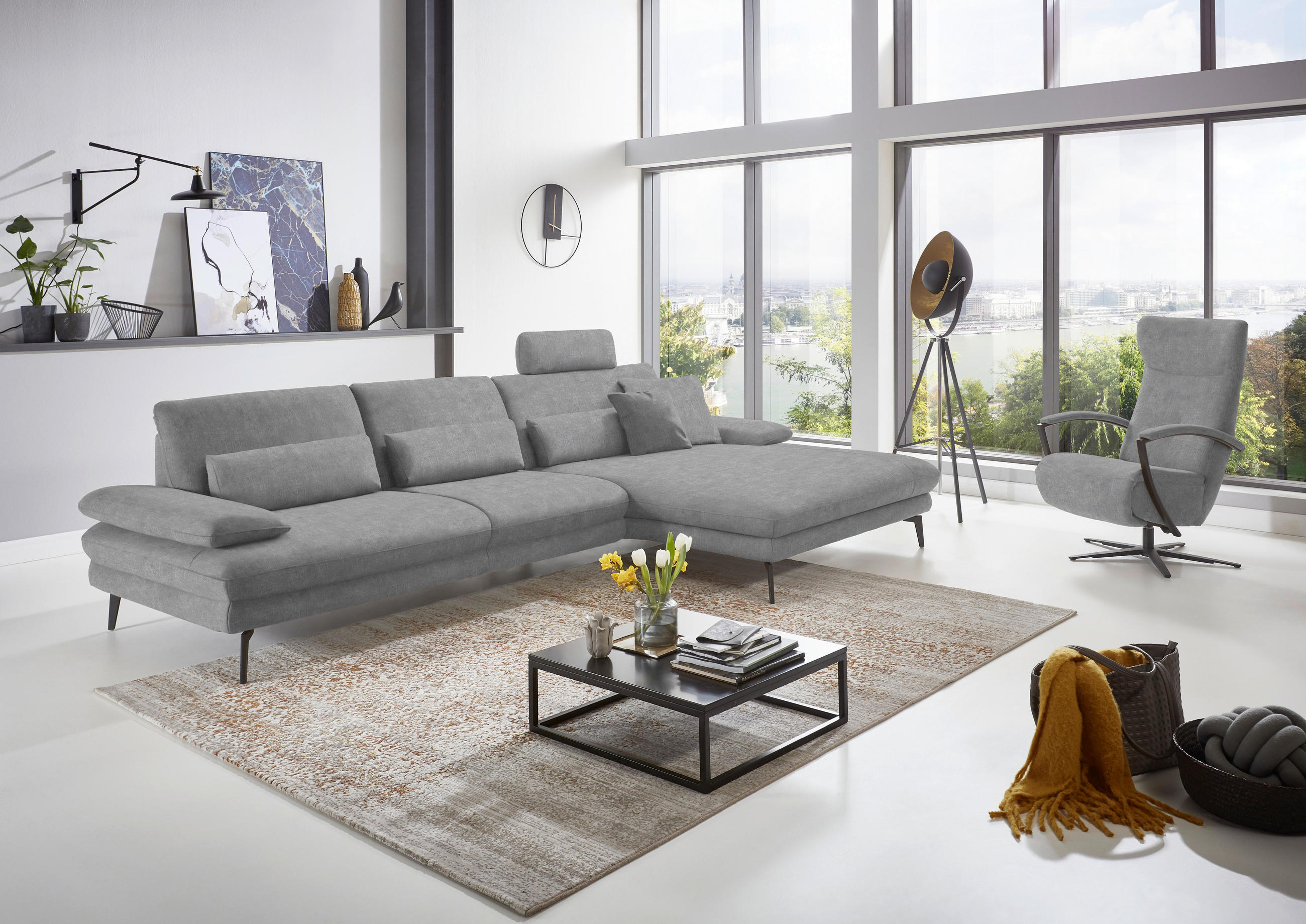 ECKSOFA in Velours Hellgrau - Hellgrau/Schwarz, Design, Textil/Metall (310/180cm) - Dieter Knoll