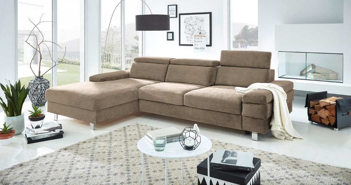 ECKSOFA in Webstoff Schlammfarben  - Schlammfarben/Silberfarben, KONVENTIONELL, Textil/Metall (260/82/182cm) - Trendmanufaktur