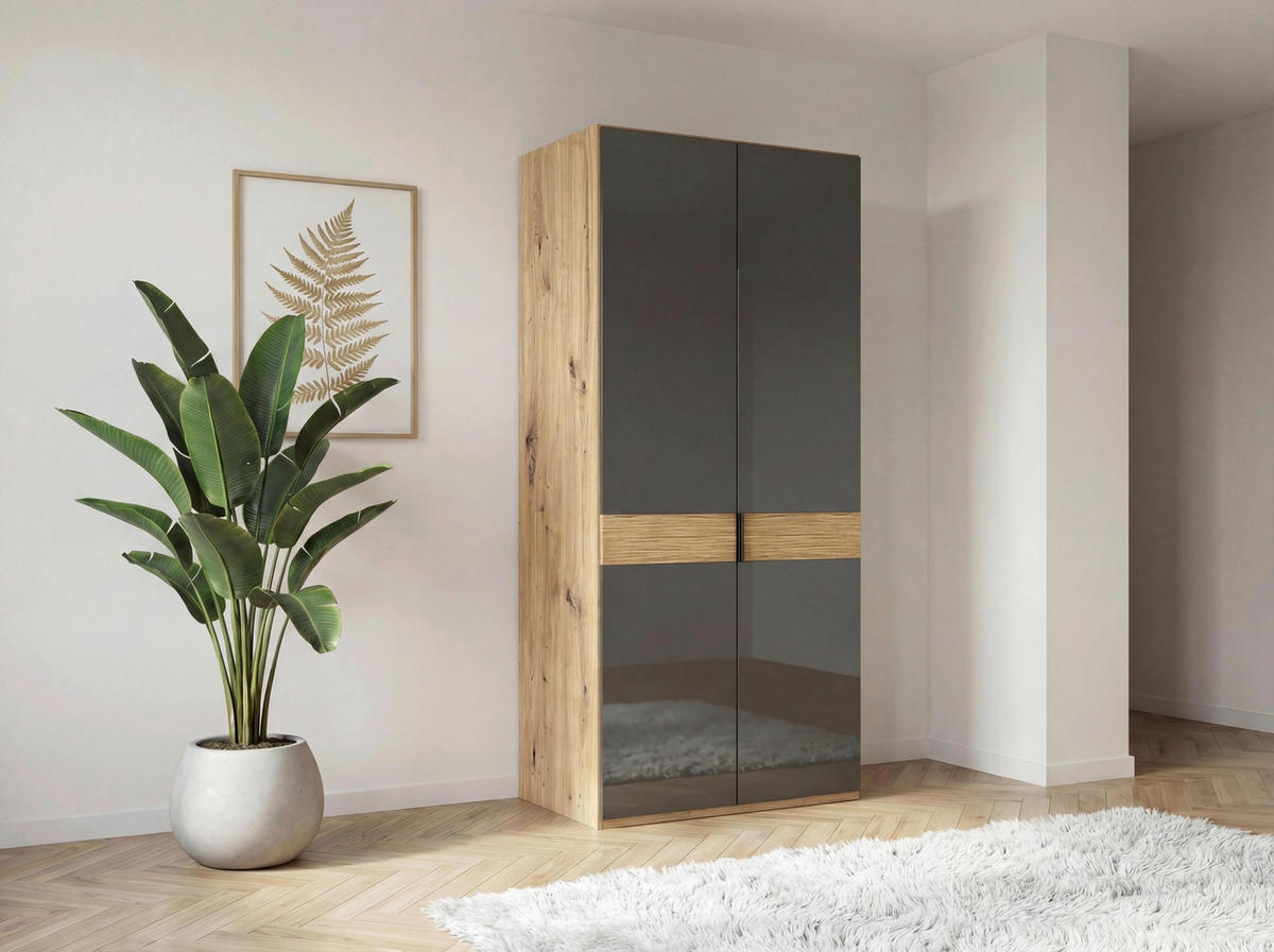 DREHTÜRENSCHRANK 100/216/58 cm,  in Eiche Bianco, 2 Tür(en)  - Schieferfarben/Eiche Bianco, Design, Glas/Holz (100/216/58cm) - Musterring
