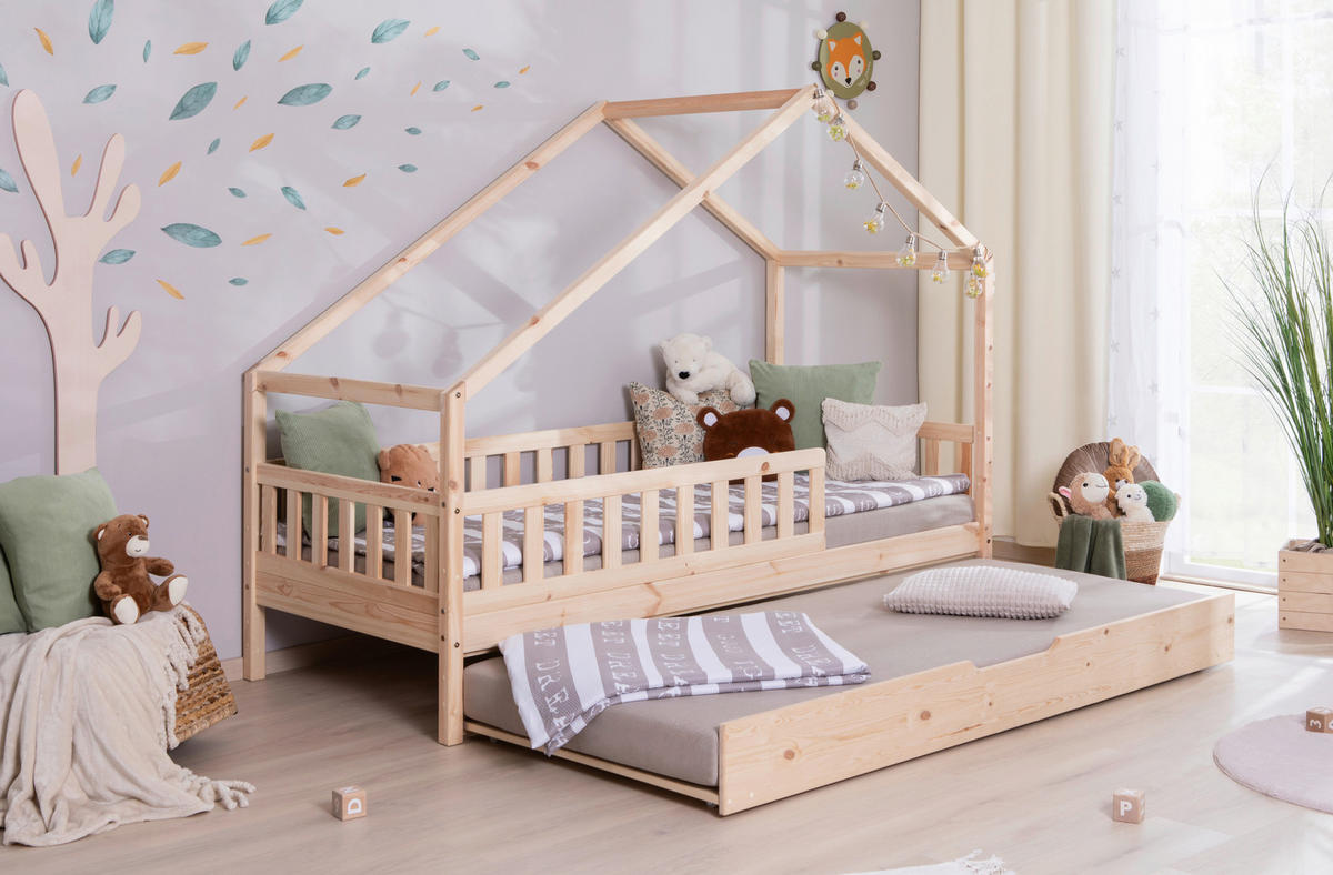 HAUSBETT 100/200 cm,  in Naturfarben, Absturzsicherung, Matratze, Rollrost, Bettkasten  - Naturfarben, MODERN, Holz/Textil (100/200cm) - MID.YOU