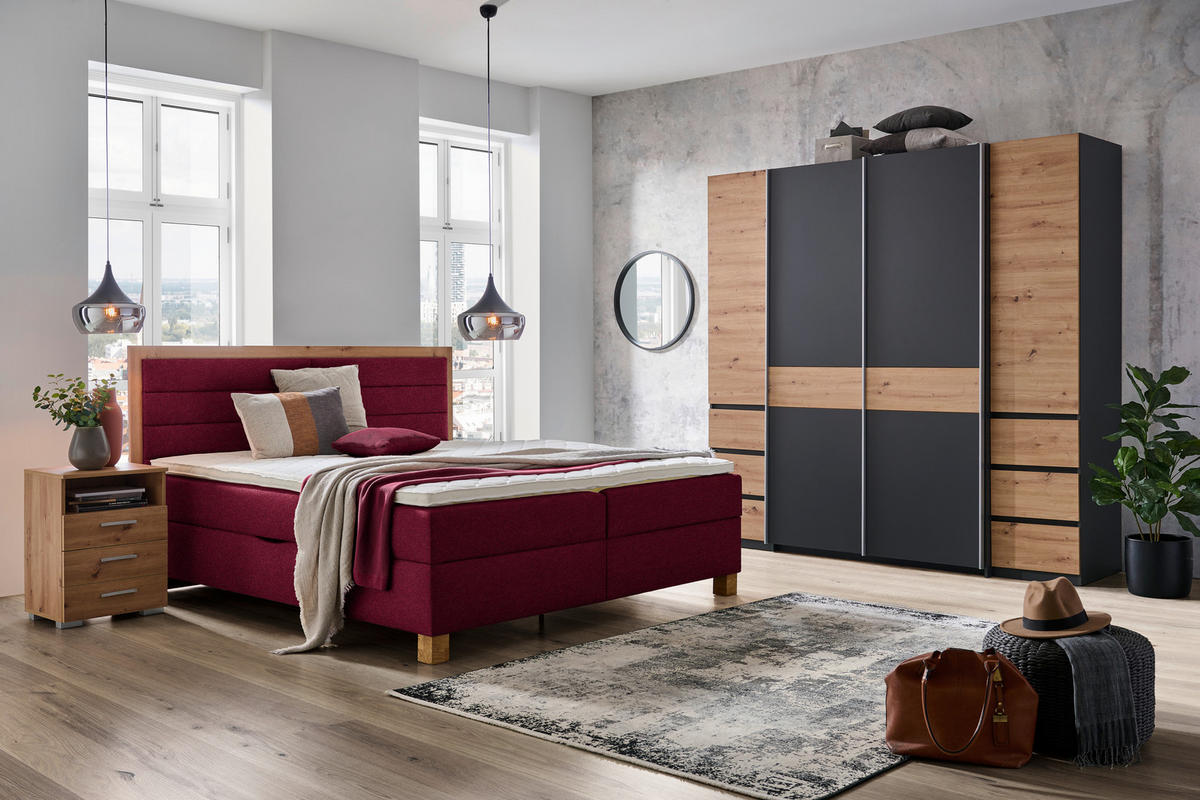 BOXBETT 160/200 cm  in Dunkelrot, Eiche Artisan  - Eiche Artisan/Dunkelrot, Konventionell, Holz/Holzwerkstoff (160/200cm) - Carryhome