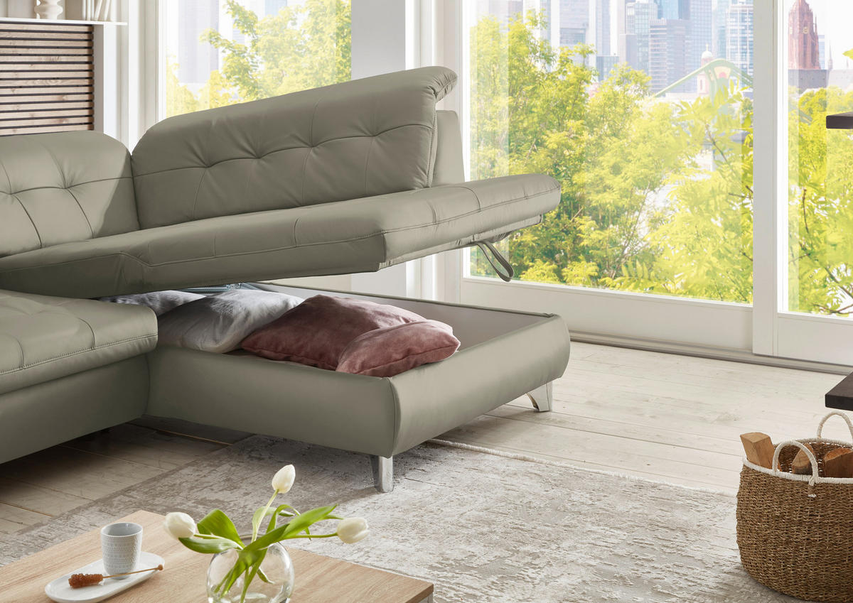 ECKSOFA Echtleder Hellgrau  - Hellgrau/Alufarben, Design, Leder/Metall (309/211cm) - Beldomo Speed