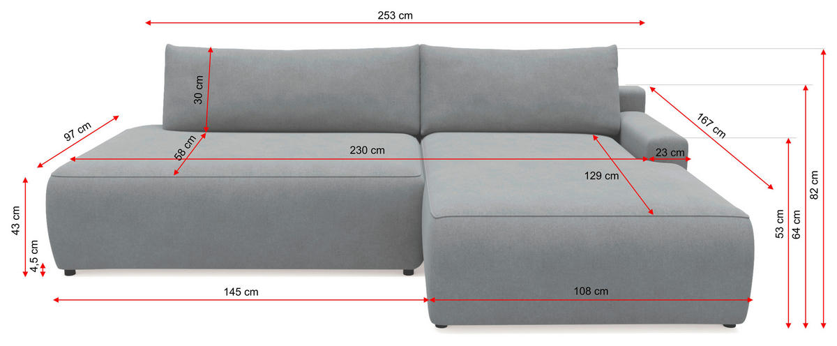 ECKSCHLAFSOFA in Cord Dunkelgrau  - Dunkelgrau/Schwarz, Modern, Kunststoff/Textil (167/253cm) - Trendmanufaktur